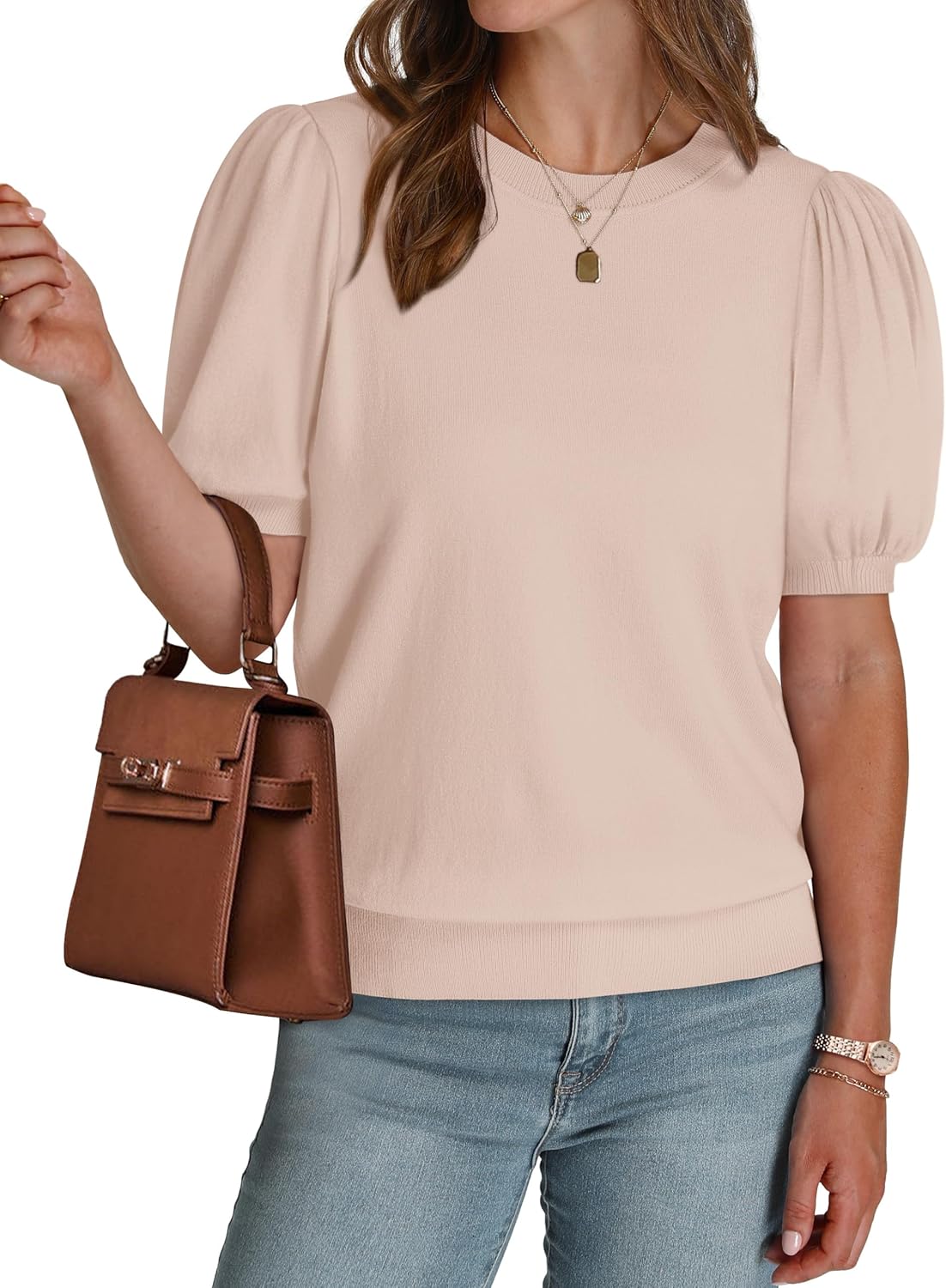 WIHOLL Women's Puff Short Sleeve Sweater 2026 Spring Summer Tops Trendy Business Causal Outfits Work Blouses Clothes - Image 4