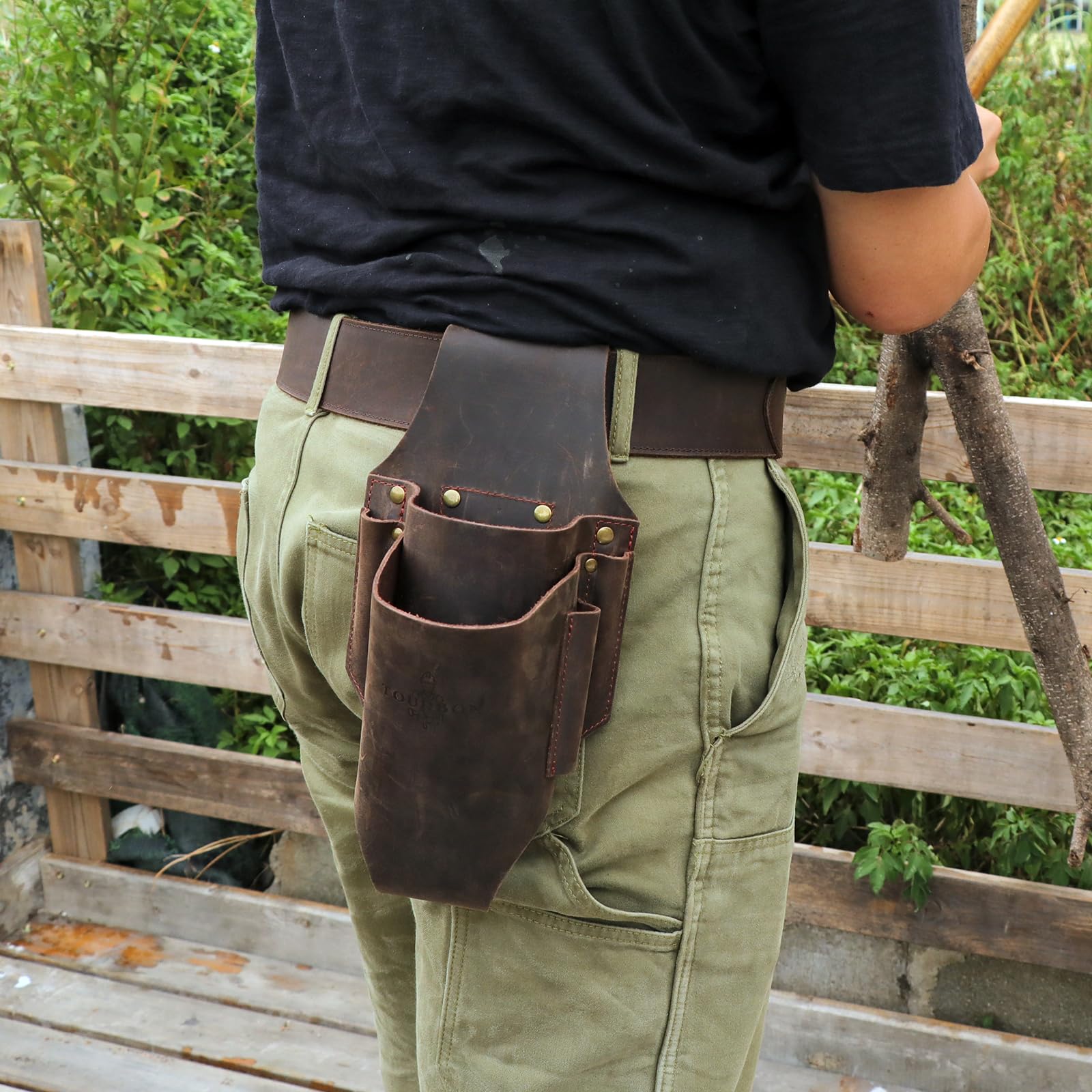Tourbon Fällkeiltasche aus echtem Leder, 5 Taschen, Gürteltasche, Kettensägenschlüssel, Werkzeugholster zum Schneiden von Bäumen