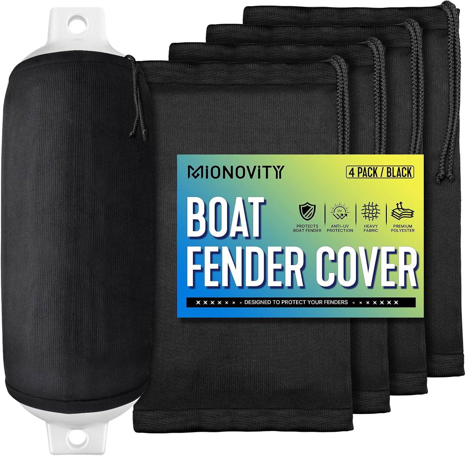 Fender Covers Marine 8" x 22" Heavy-Duty Polyester - Waterproof Boat Fender Covers, Noise-Reducing Boat Bumper Covers for Center Rope Tube Style Fenders, 4 Pack (Boat Fender Not Included)