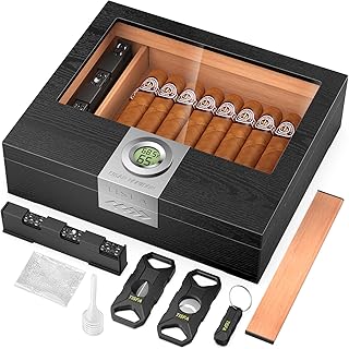 TISFA Cigar Humidor Box Cigar Accessories Set, Includes V Cutter, Straight Cutter, Hole Punch, Digital Hygrometer, Adjustable Humidifier, Divider, Cedar Wood Desktop Humidor Airtight Cigar Case