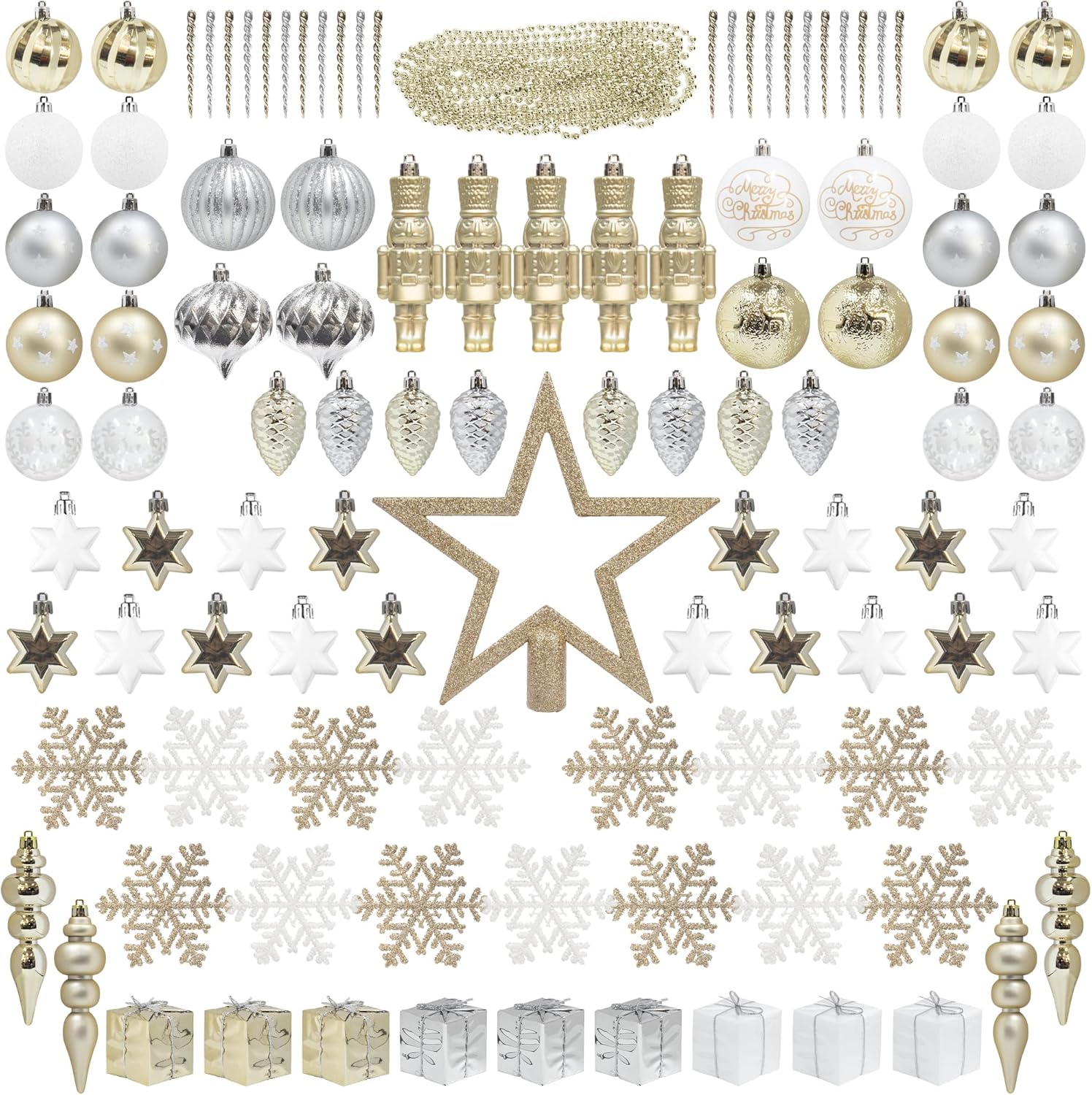 ITART 115pcs Christmas Tree Ornaments Assortment Champagne Silver and White Including Star Tree Topper Balls Large Snowflakes Pine Cone Nutcracker Figurines Beads Garlands for Christmas Tree Decor