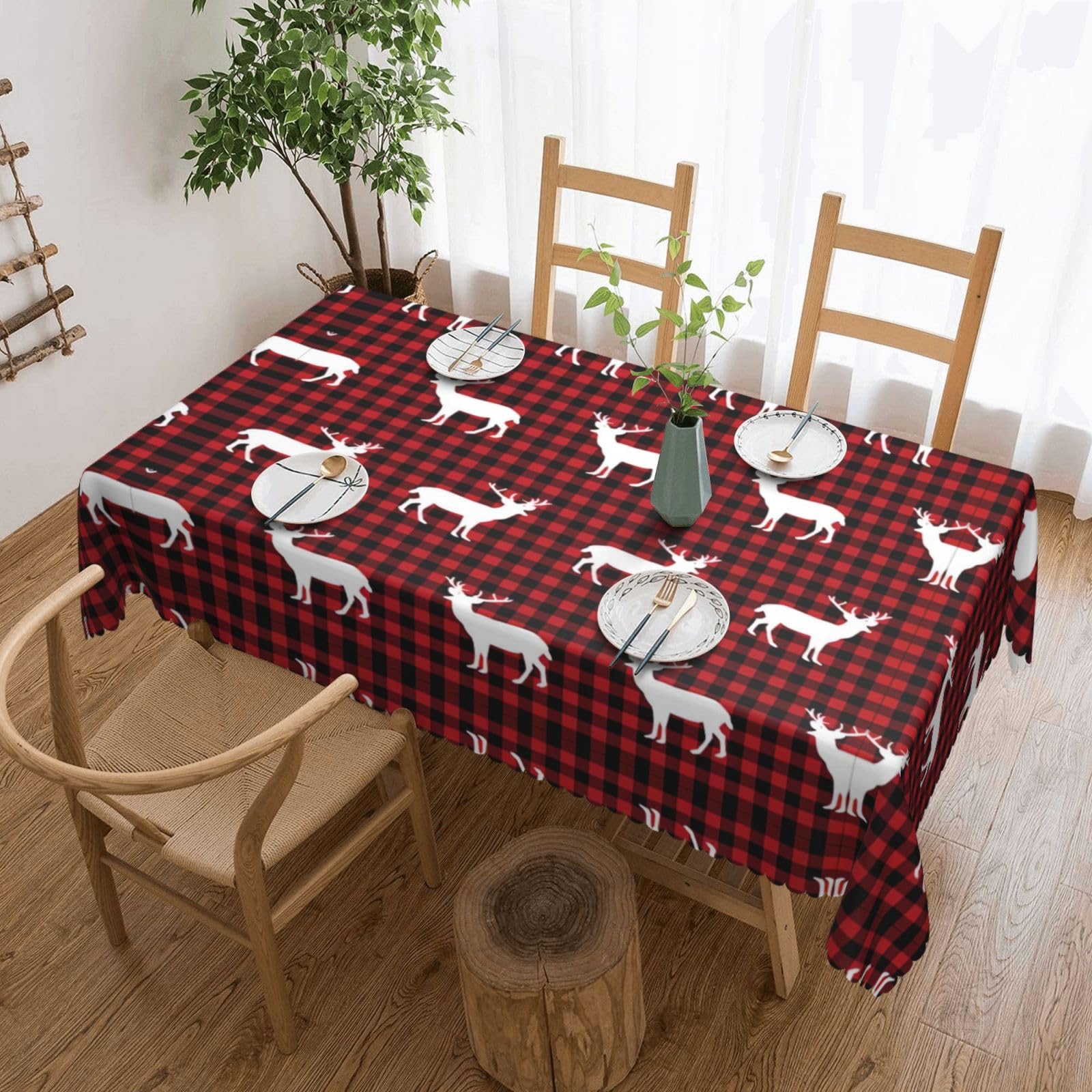 QAZWZML Buffalo Plaid Deer Printed tablecloth, made of thick polyester with lace trim, suitable for dining rooms, picnics, and weddings