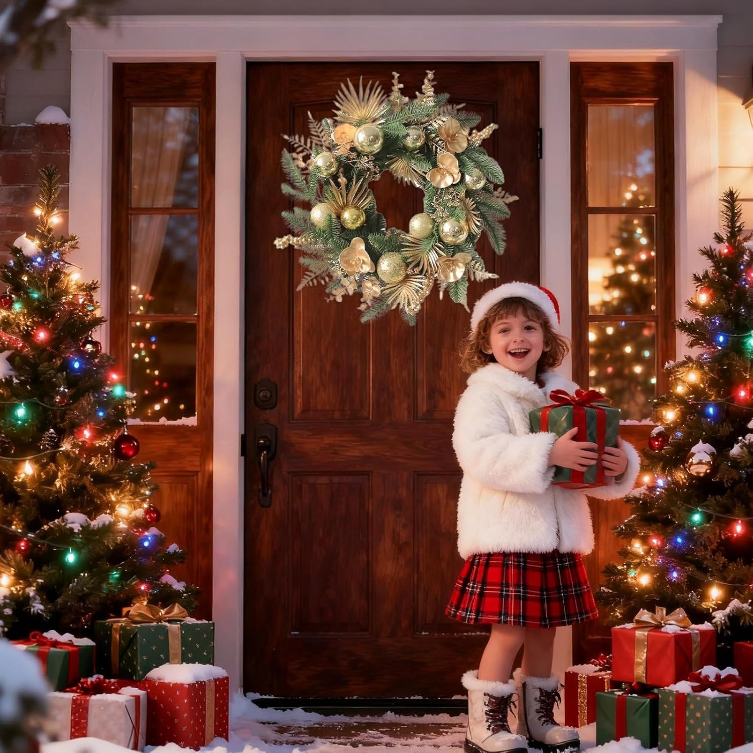 クリスマスリース,48cm クリスマス 飾り,ゴールデン ドア リース ホリデー デコレーション | パーティー 壁 窓 暖炉 寝室