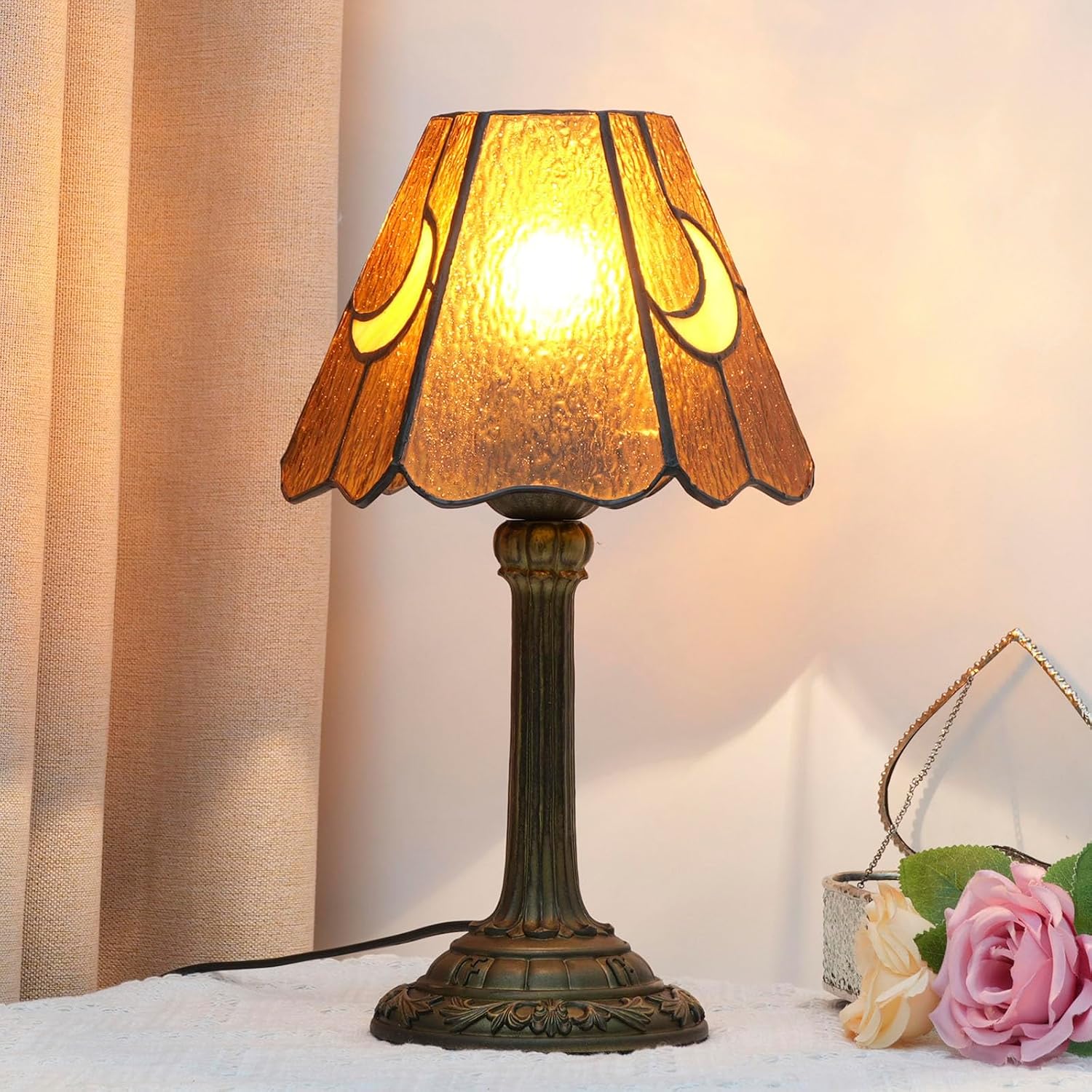 Tiffany Table Lamps, 7.5 Inch Dark Brown Moon Style Stained Glass Lamp Handmade Vintage Art Home Decor Reading Desk Lamps for Bedside Bedroom Living Room Office