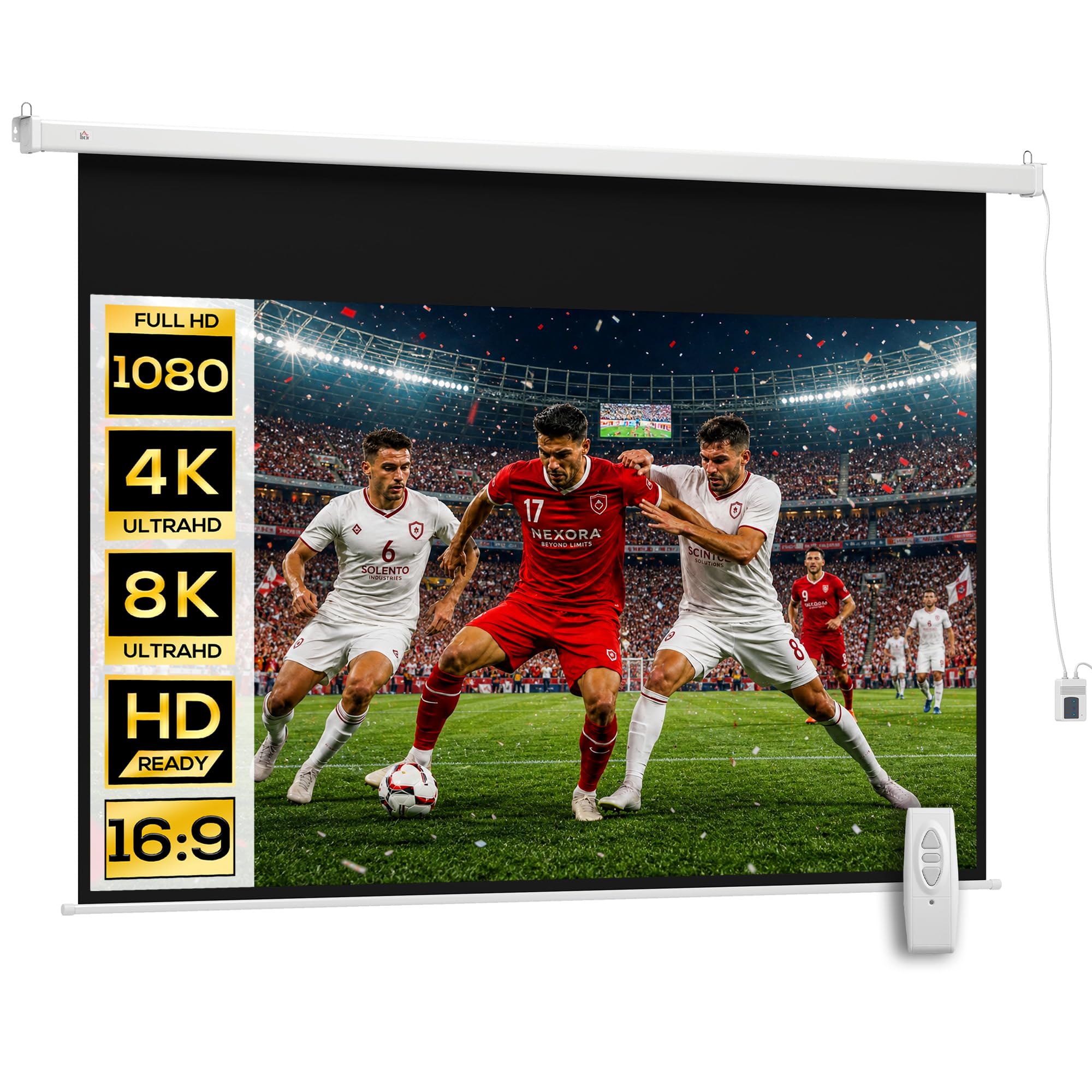 HOMCOM Electric Projector Screen 100 Inches HD Motorized Projection Screen Format 16:9 with Remote Control for Home Theater Parties 253 x 7.5 x 168 cm White