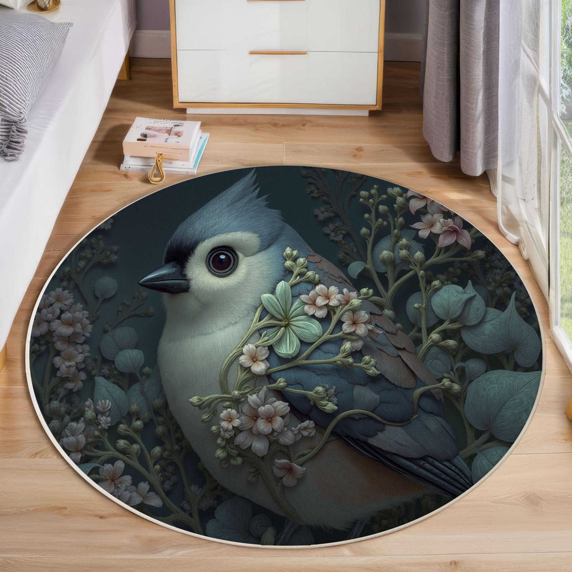 Tapis rond mésange retro pour chambre et salon : ambiance fleurs naturelles turquoise