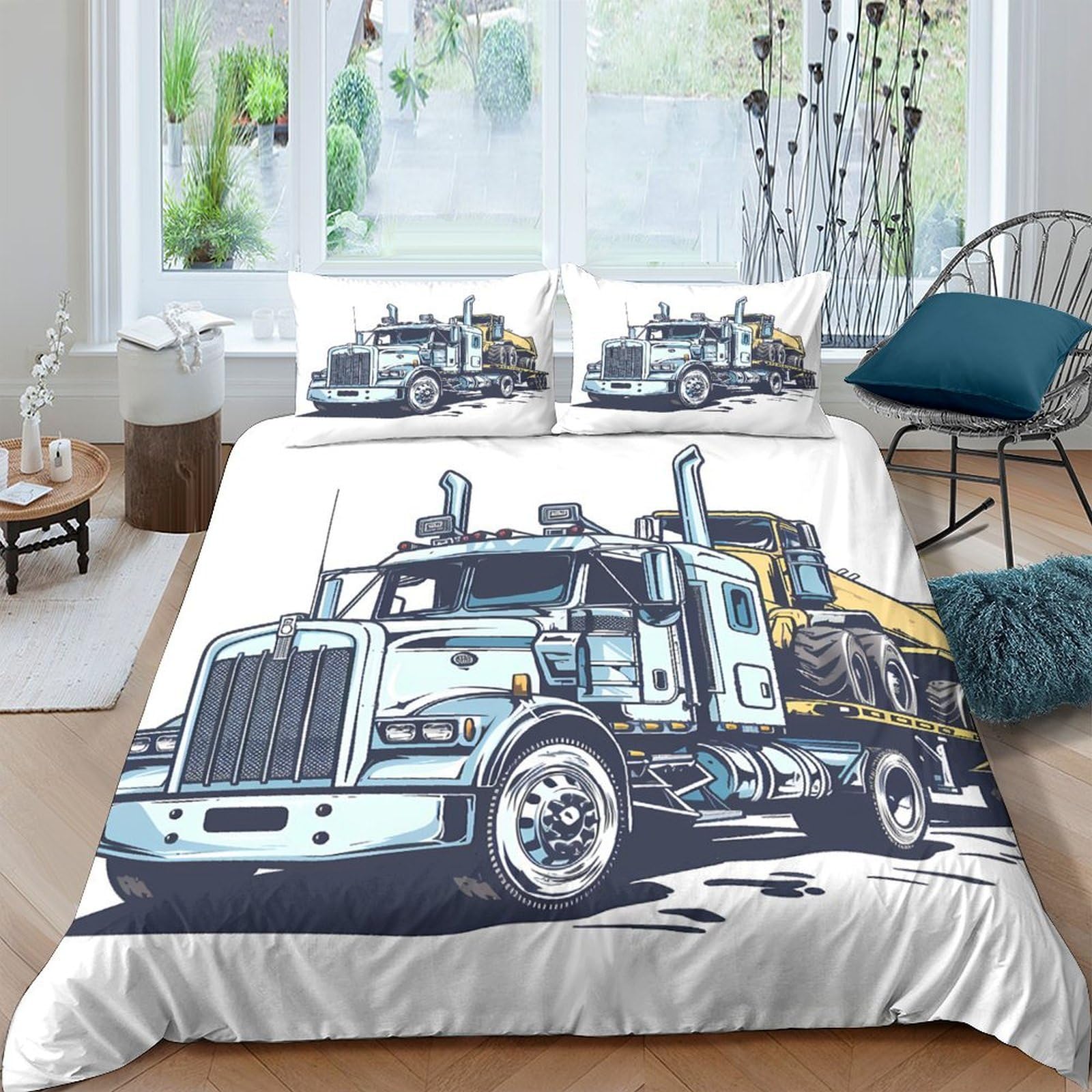 Ctjqhvkz Style-3 3D Printed Blue Truck Fitted Sheet Microfiber Soft Breathable Cartoon Vehicle Bed Cover For Bedroom Dorm Mattress Decor Single（135X200cm）