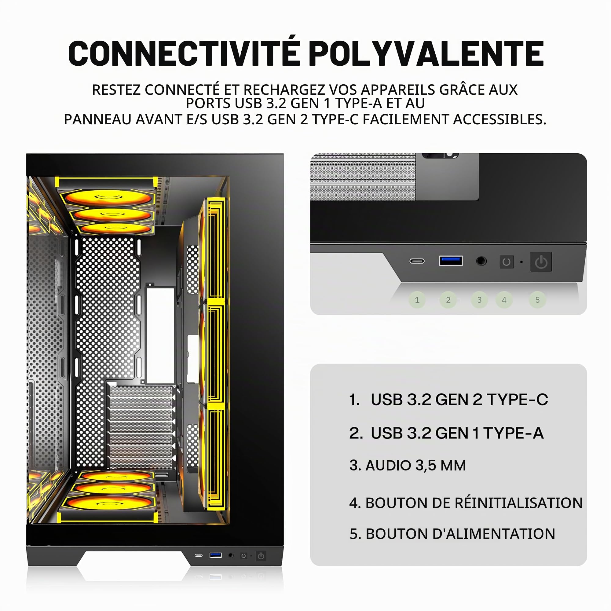 KEDIERS Boîtier PC pré-installé 9 × 120 mm Noir Ventilateur ATX Mid Tower PC Boîtier d'ordinateur avec Vue panoramique Panneau Avant en Verre trempé