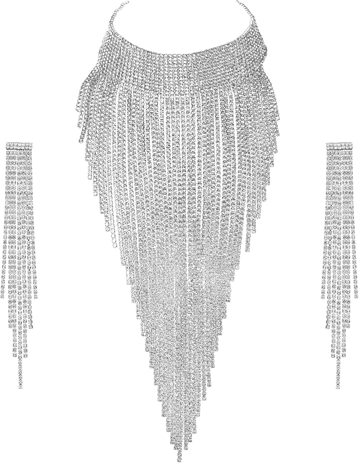 Flyonce Sparkly Rhinestone Costume Statement Jewelry, Tassel Chunky Collar Necklace With Long Chandelier Earrings