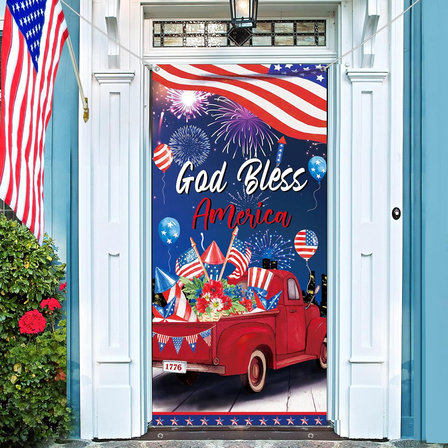 4th of July Door Cover Patriotic Independence Day Banner Decoration Fourth of July 250th Anniversary Red White Blue Flag Banner God Bless America Backdrop for Indoor Outdoor Party Decor 71 x 35 inch
