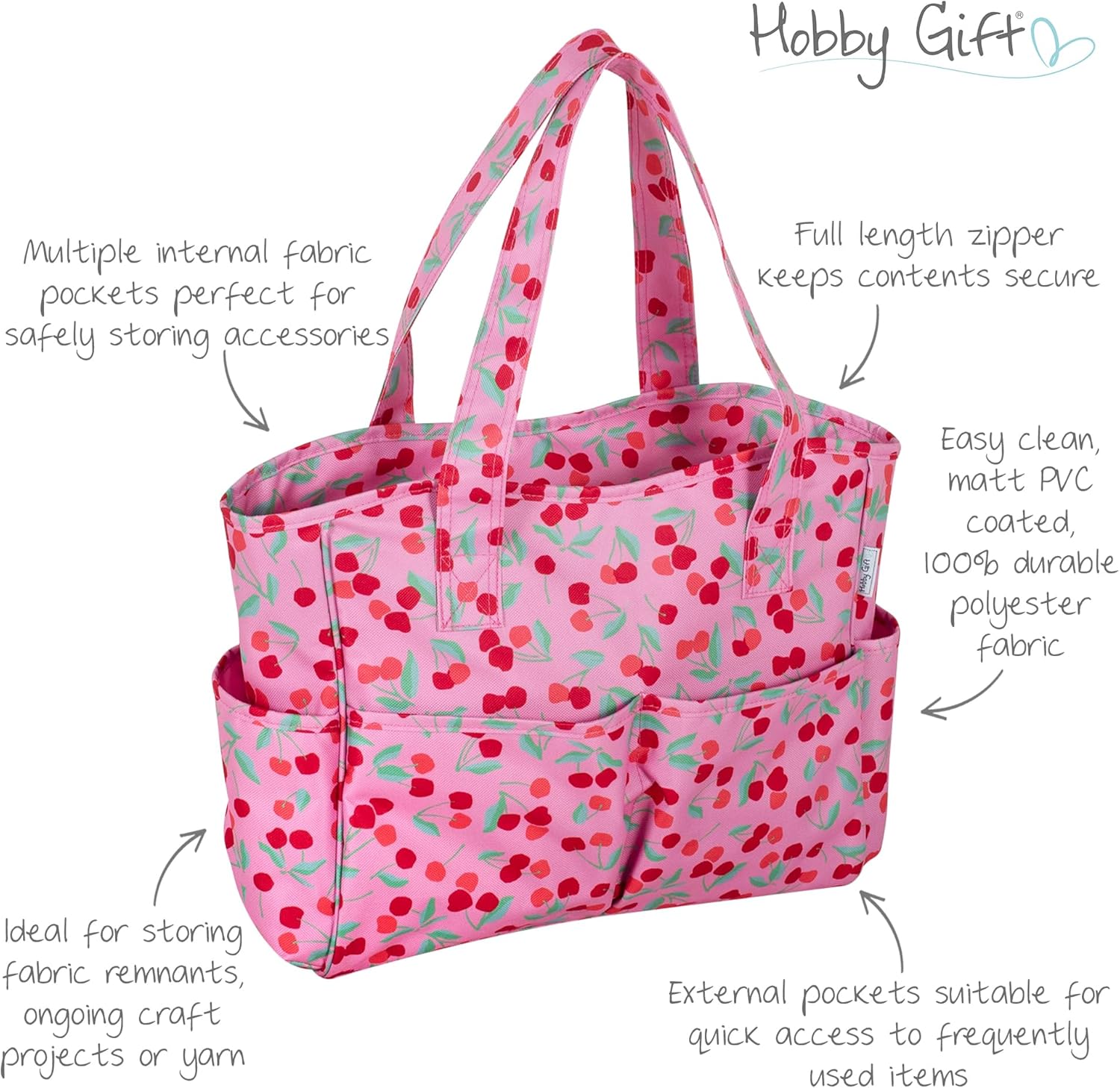 Hobby Gift Knitting Bag Medium - Storage for Wool, Knitting, Crochet and Craft Projects with Compartments - 13 x 34.5 x 29 cm, Cherry