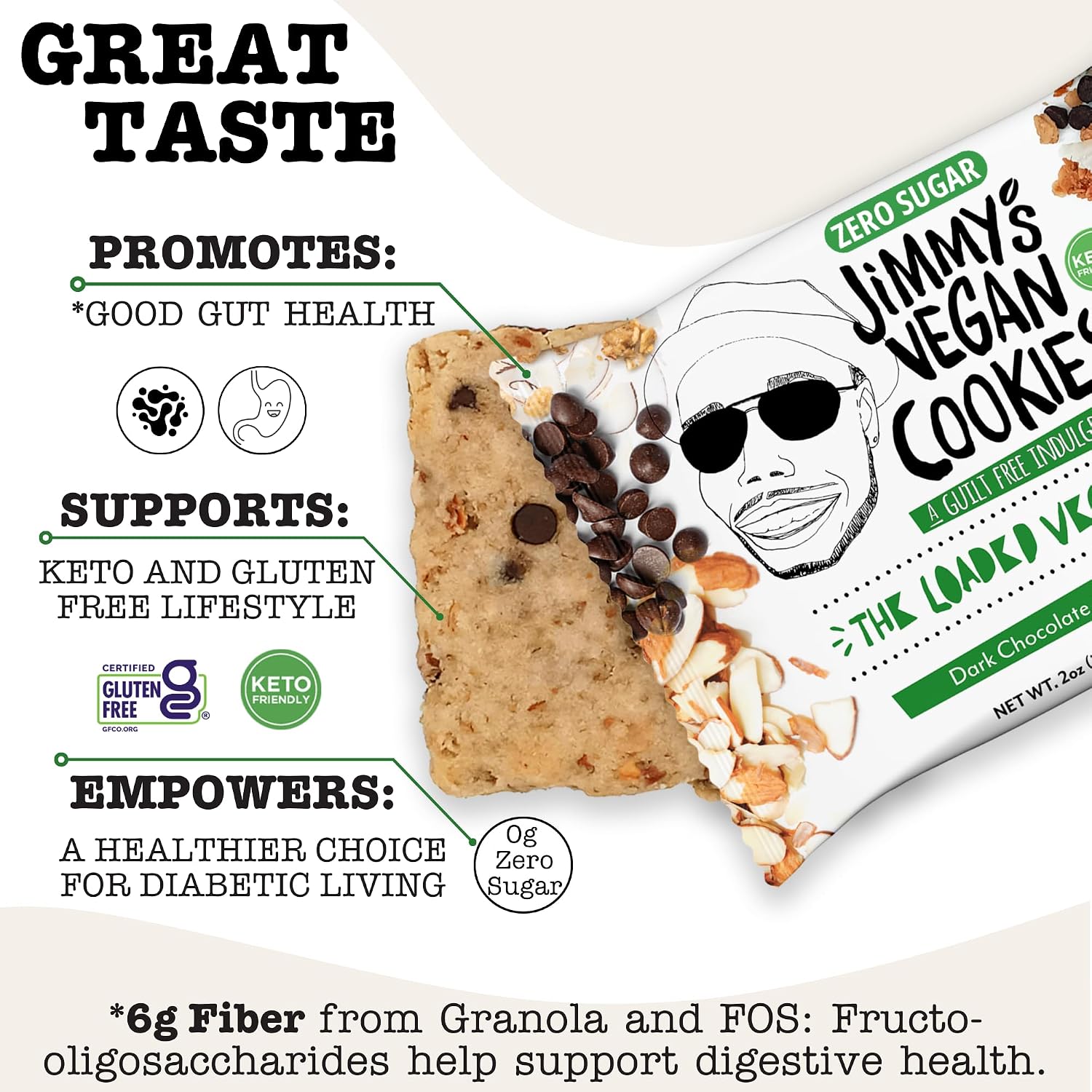 Jimmy's Vegan Cookies – The Loaded Vegan Dark Chocolate Chip, Zero Sugar, 6g Fiber, GLP-1 Friendly, Keto & Gluten Free, Soft Baked, 2oz (Pack of 10) image 5