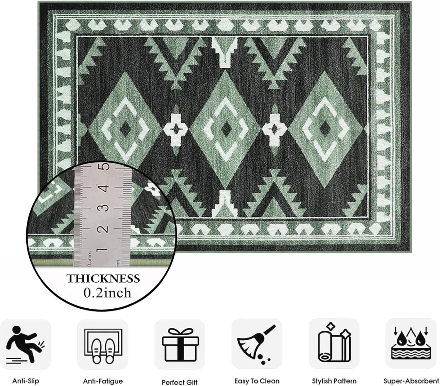 Tijuboni Western Hallway Runner Rug 2x6, Non-Slip Long Runners for Bedroom Kitchen Hall Laundry, Southwestern Area Rugs Washable, Aztec Black-White-Green