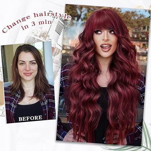 Miniatura 4 de AISI QUEENS Peluca larga con flequillo pelucas onduladas color rojo vino para mujer pelucas sintéticas resistentes al calor color burdeos para niñas
