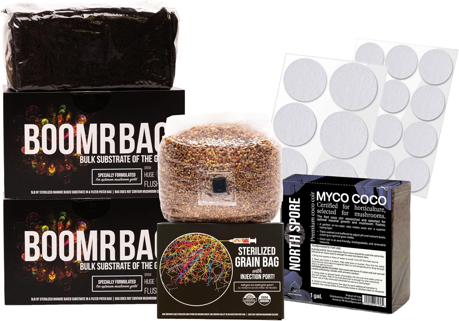 North Spore Boomr Bag Monotub Refill Kit with Sterile Manure Substrate, Grain Bag and Coco Coir