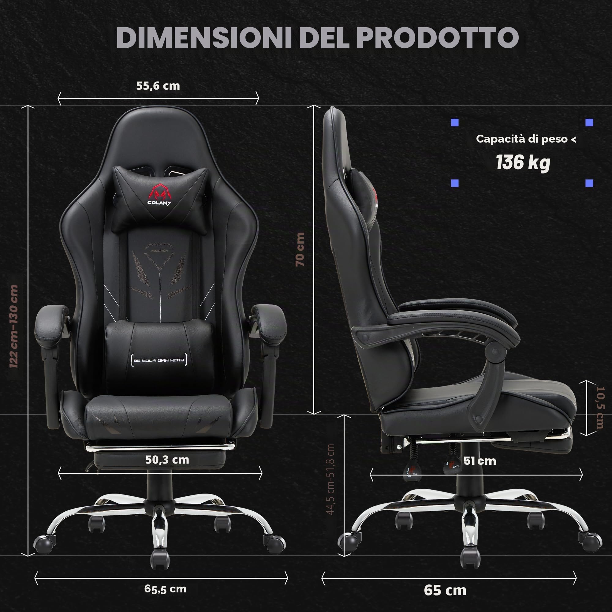 COLAMY Sedia da gaming con poggiapiedi e supporto lombare, regolabile in altezza, con seduta girevole a 360° e poggiatesta