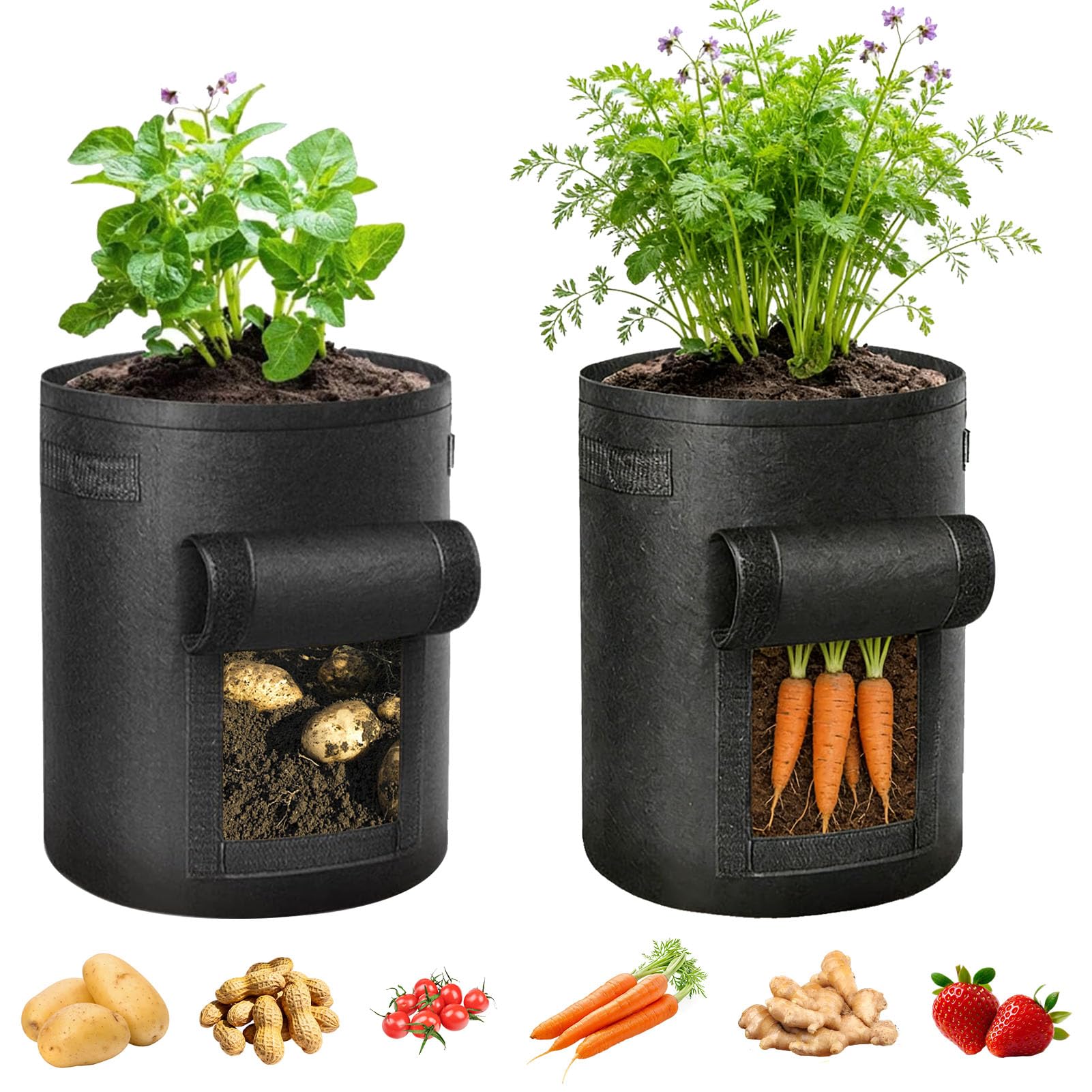 ATB-Foger 15 Gallon Felt Plant Growing Bag Visible Potato Grow Bags Planter Container with Window for Potatoes, Carrots, Tomatoes and Other Vegetables - Black(2 Pack)