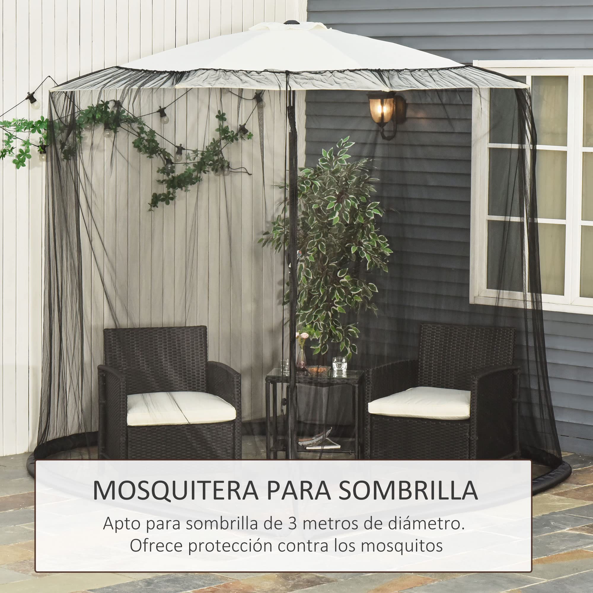 Outsunny Mosquitera para Sombrillas de Jardín Ø3 m Malla para Cubierta de Sombrilla con Cremallera y Tubo Rellenable de Agua para Terraza Balcón Exterior Negro