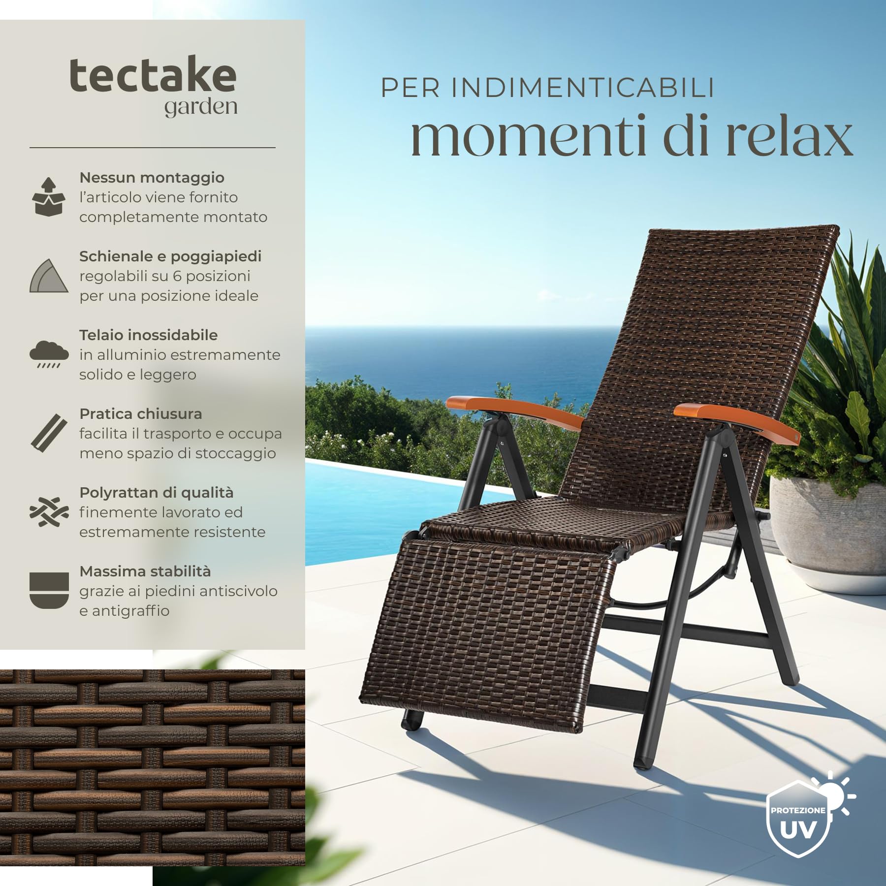 tectake® Poltrona Relax da Giardino Pieghevole, Resina Intrecciata e Alluminio, Regolabile con Poggiapiedi, Poltrona da Giardino, Sedia Relax da Giardino, Sedie da Esterno - Marrone