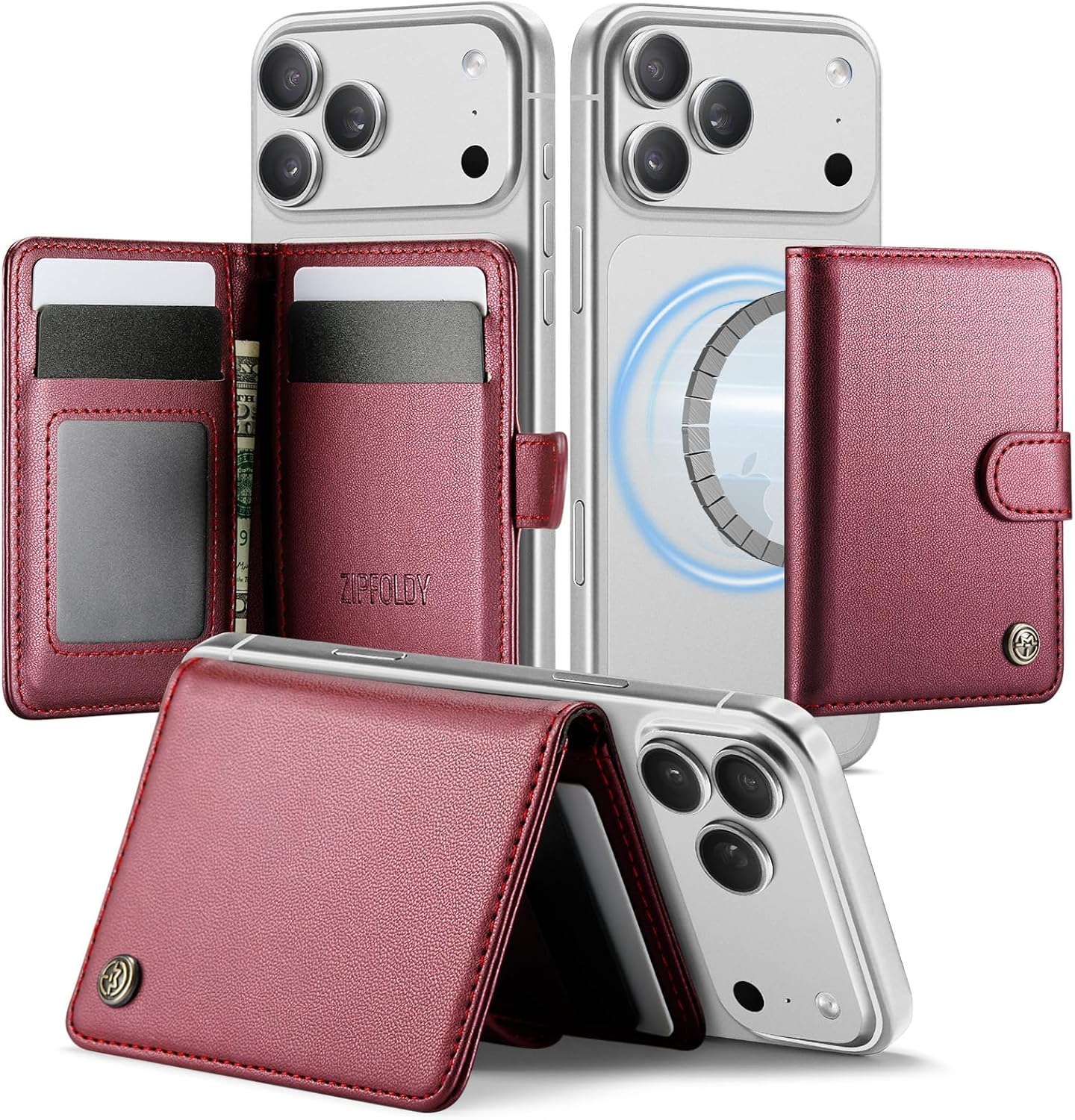 for Magsafe Magnetic Phone Wallet Card Holder, Elegant Wine Red