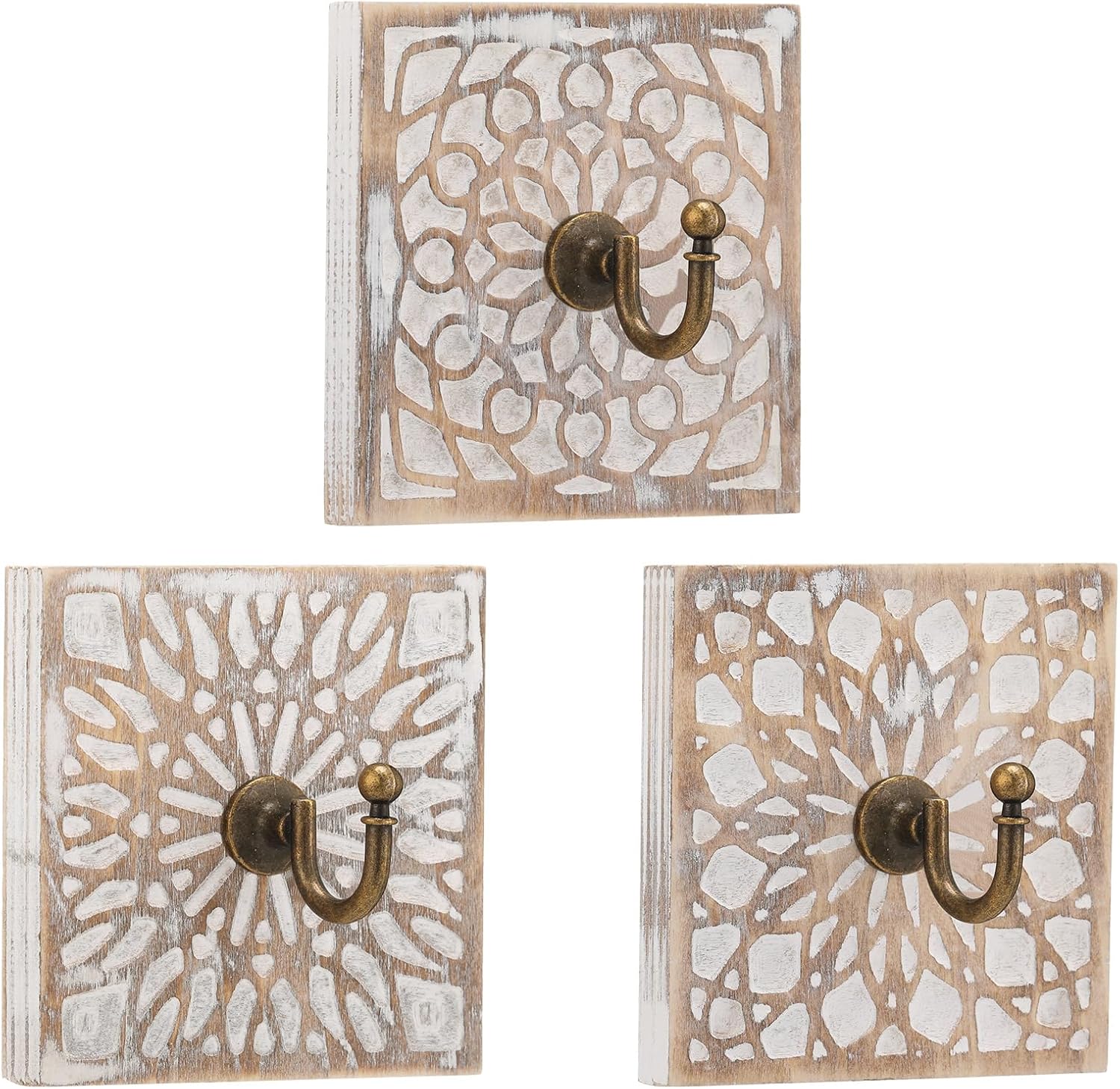 Weysat 3 Pcs Decorative Wood Farmhouse Flower Coat Hooks, Distressed Vintage Wall Hooks Mandala with Screws, Chic Decoration for Key Towel(Square)