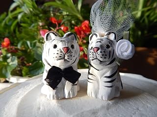 White Tiger Wedding Cake Topper Love Bride Groom Engagement Anniversary Carved Wood Statue