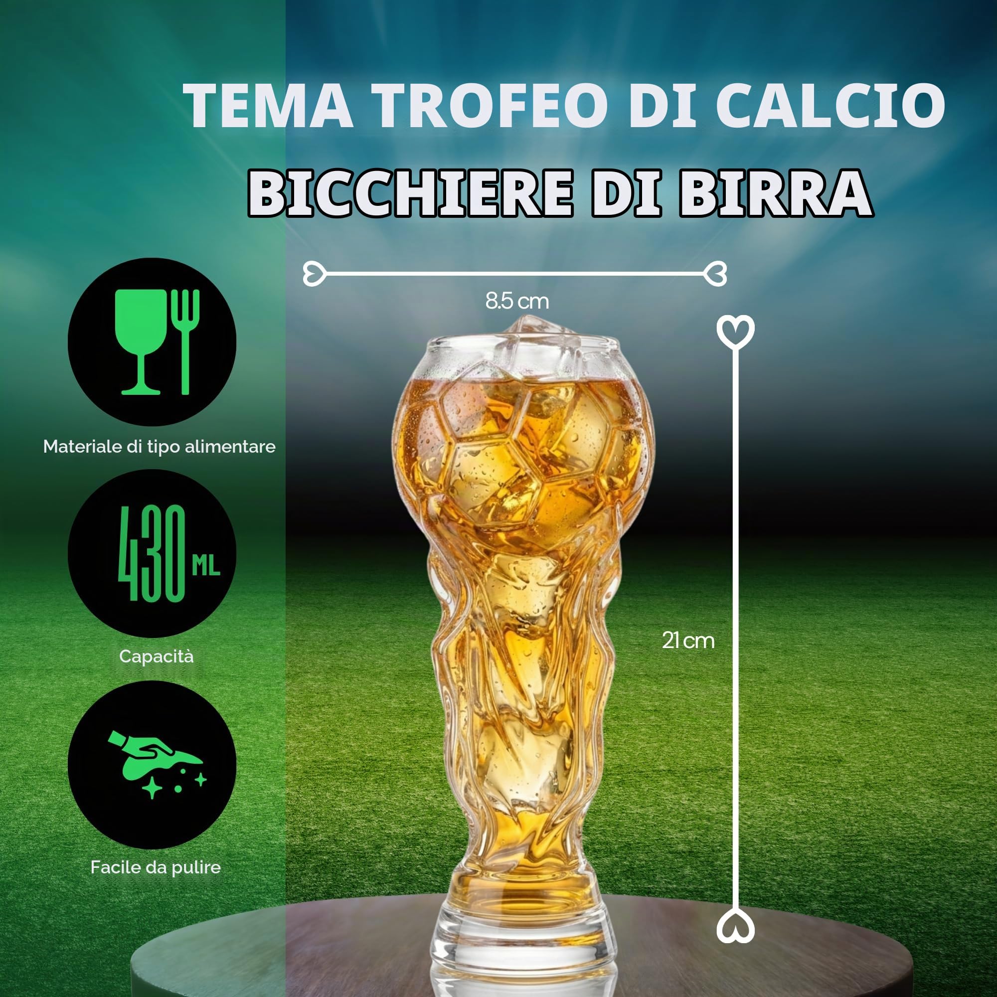Trofeo da birra in vetro trasparente per appassionati di calcio, 430 ml, in cristallo scolpito