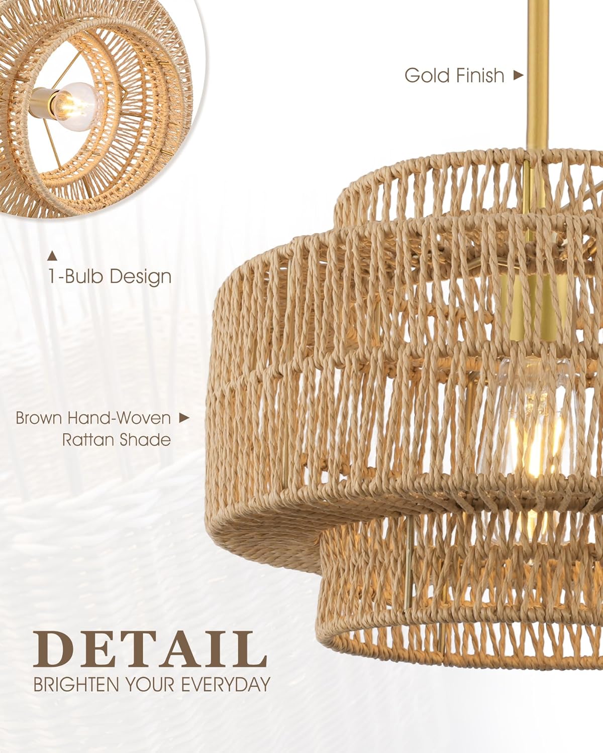 12.5" Boho Rattan Chandelier, 1-Light 3-Tier Hand Woven Pendant Light Fixture with Gold Finish, Natural Brown Hanging Light for Entryway Bedroom Hallway, Adjustable Height, AD-25050-1P-GD
