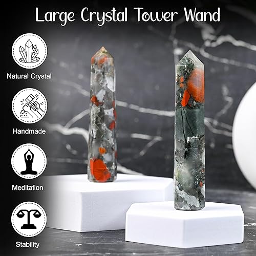 Miniatura 4 de Varita grande de torre de cristal, piedra de sangre africana, punta de torre, obelisco, octágono, 8 piedras preciosas facetadas, puntiagudas, reiki,