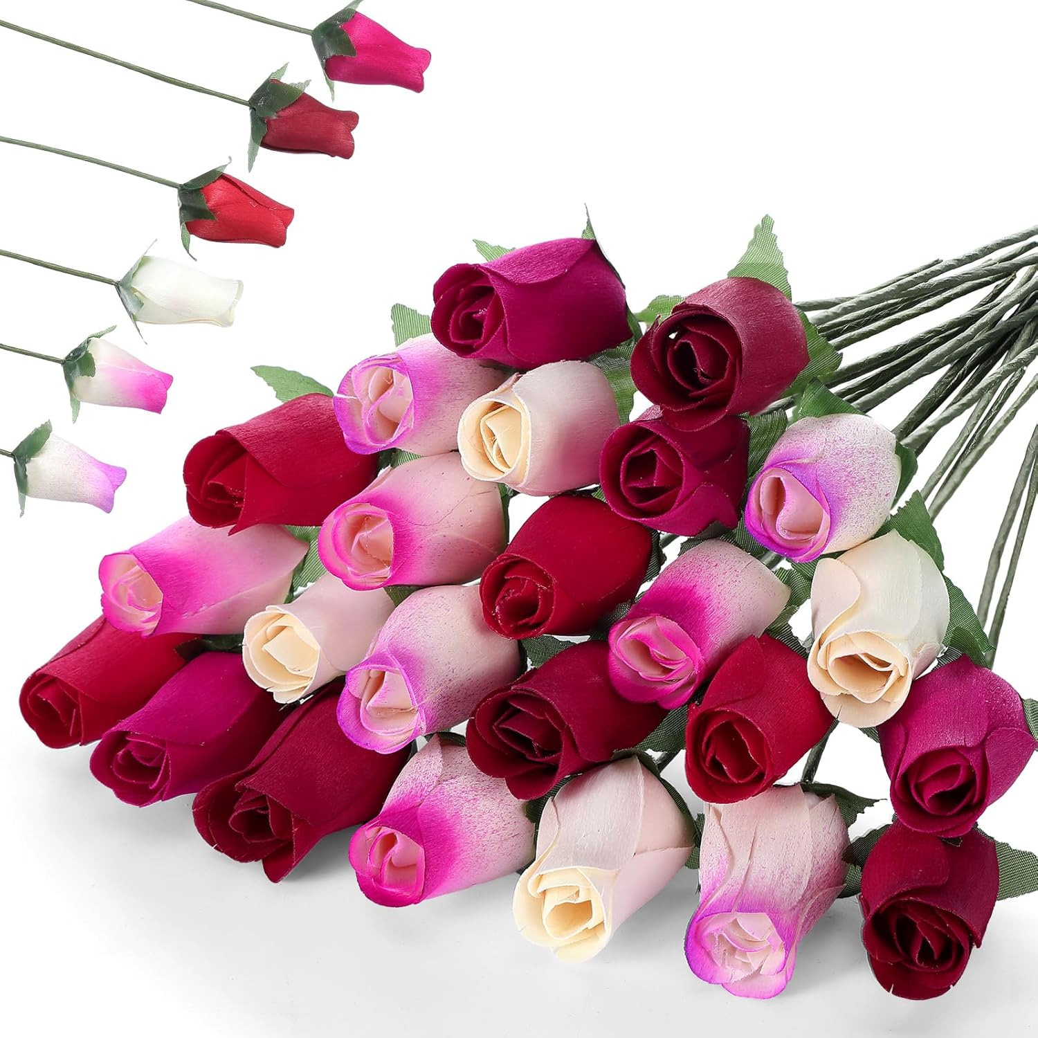 Suncalla 24 Pcs Wooden Roses 13'' Beautiful Realistic Wood Roses Flower for Mother Day Preserved Wedding Reception Holiday Homer Decor for Mom Dad(Multicolor)