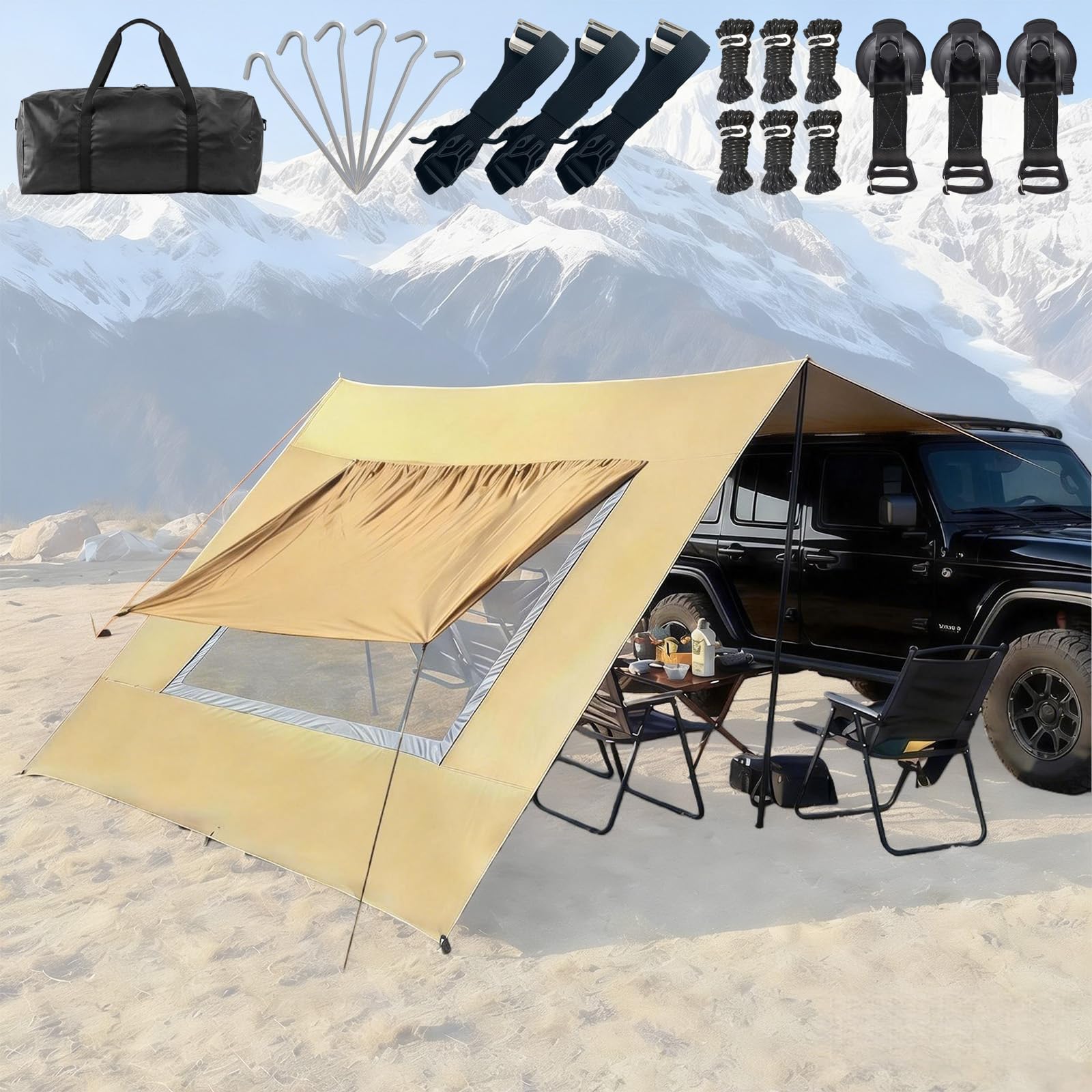 2,8 x 4,8 m - Auvent de Caravane - Tente de hayon pour Camping-Car, Bus, Van, étanche et Protection Solaire - Voile d'ombrage Universelle - Tente de Voiture - Store avec fenêtre d'écran
