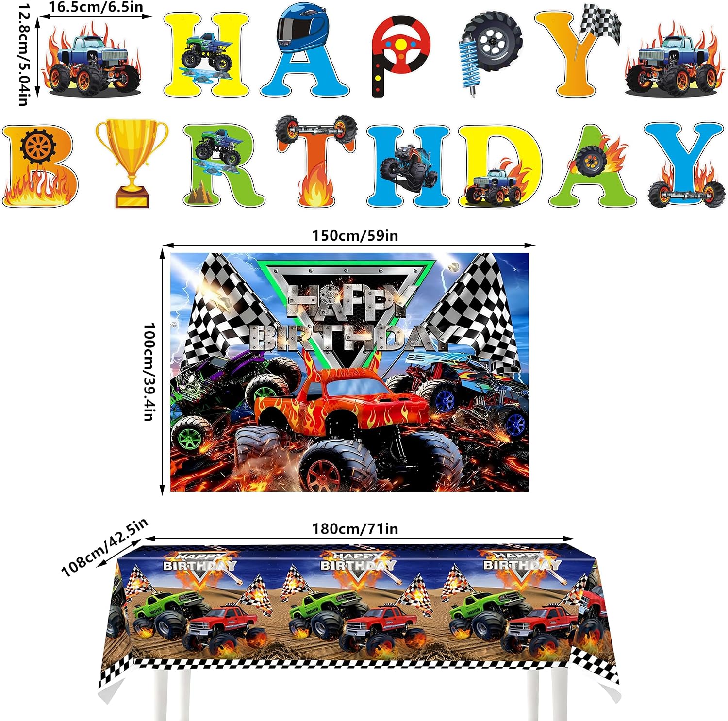 Truck Birthday Party Decorations Truck Theme Party Supplies 3 PCS Set with Banner Tablecloth Backdrop for Boys Birthday Decor