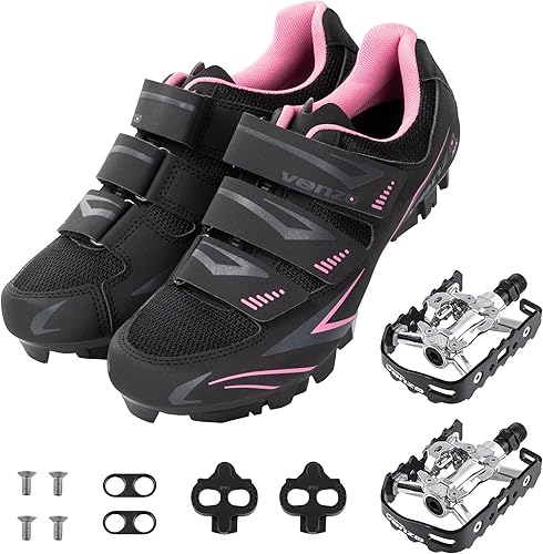 Venzo Womens MTB Bike Bicycle Cycling Shoes with Multi-Function Clip-Less Pedals & Cleats - Compatible with Shimano SPD & Crankbrother System