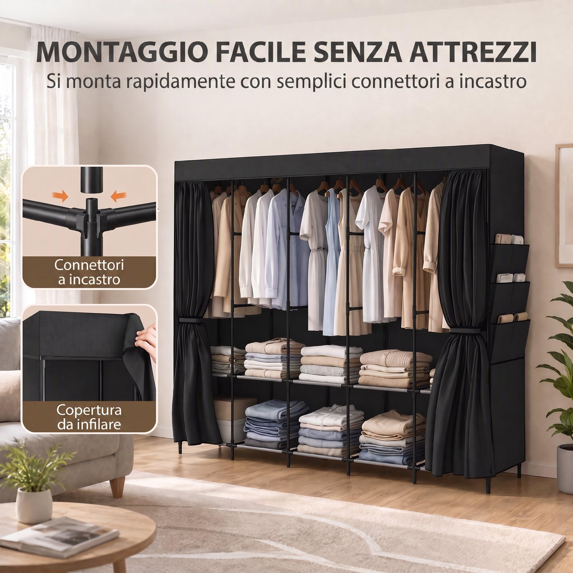 HOMCOM Armadio in Tessuto Salvaspazio 5 Aste 5 Ripiani 212x45x167 cm, Nero