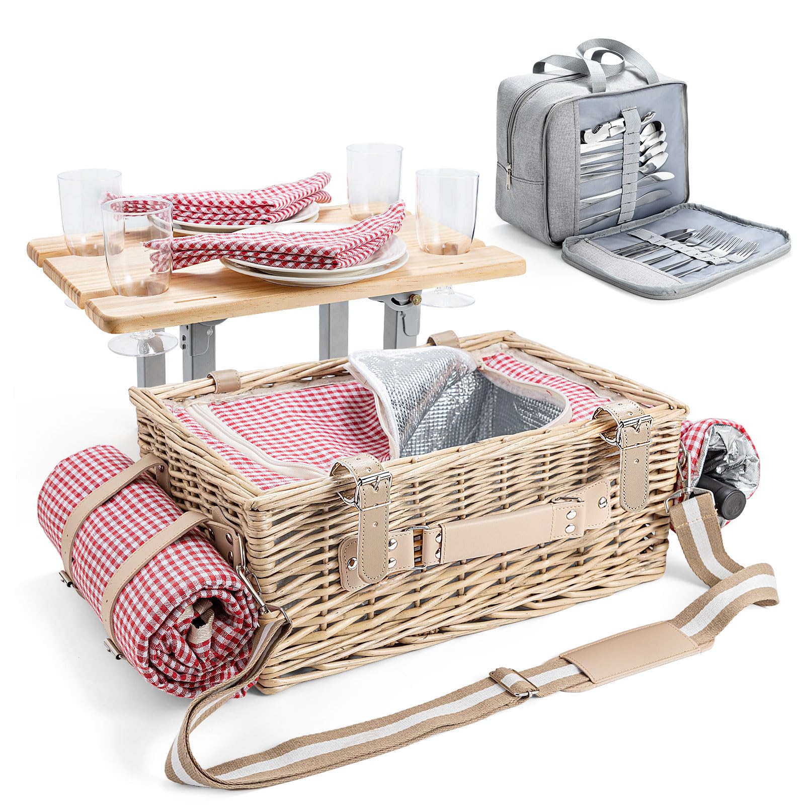 Juego de cesta de picnic de mimbre para 4 personas con mesa desmontable, bolsa de utensilios, forro aislante y manta impermeable, cesta de picnic de sauce para camping, al aire libre, parejas, regalos