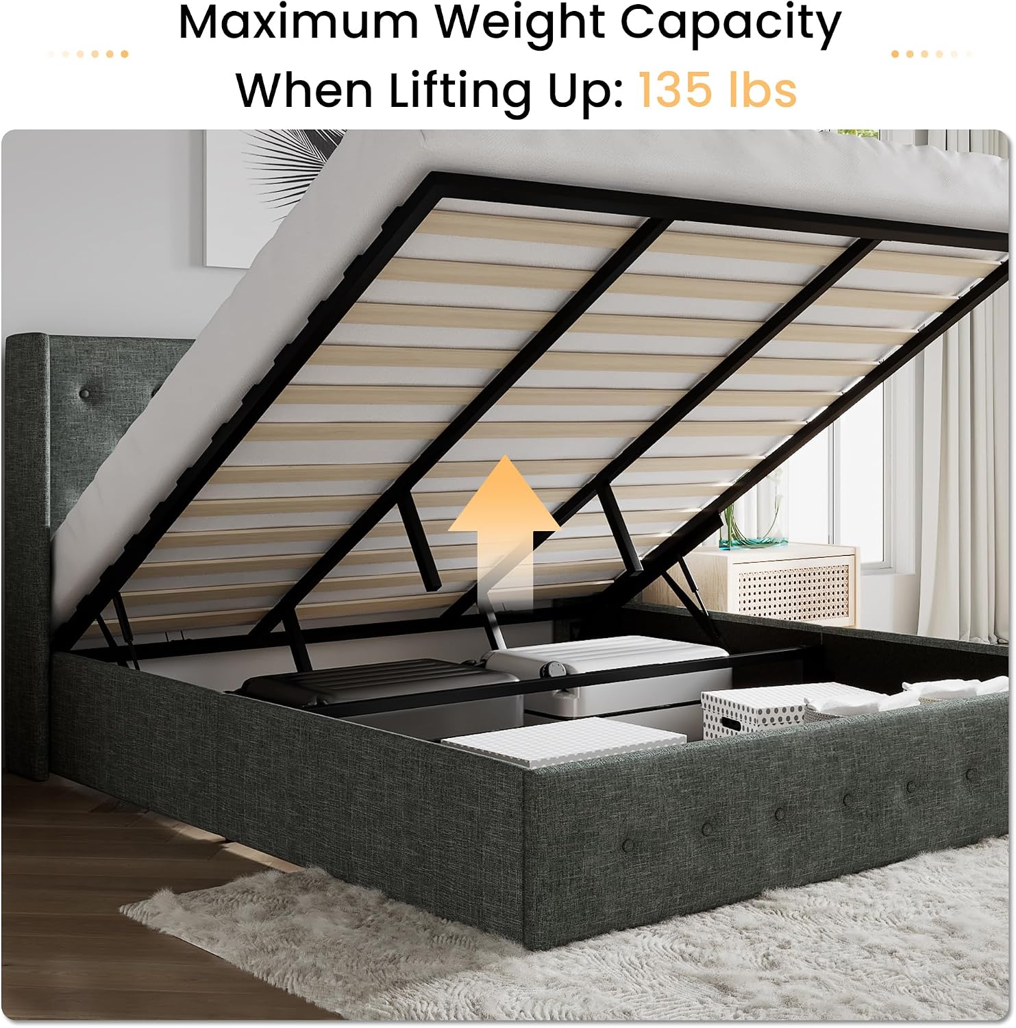 Bed frame with mattress lifted, showing maximum lifting weight capacity