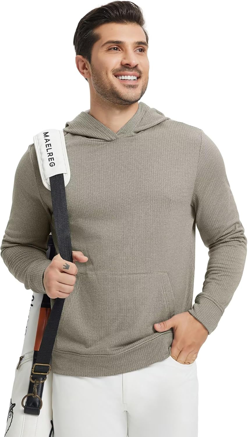 M MAELREG Mens Hoodies Pullover Fleece Warm Lightweight Grid Texture Athletic Golf Hooded Sweatshirt with Kangaroo Pocket - Image 2
