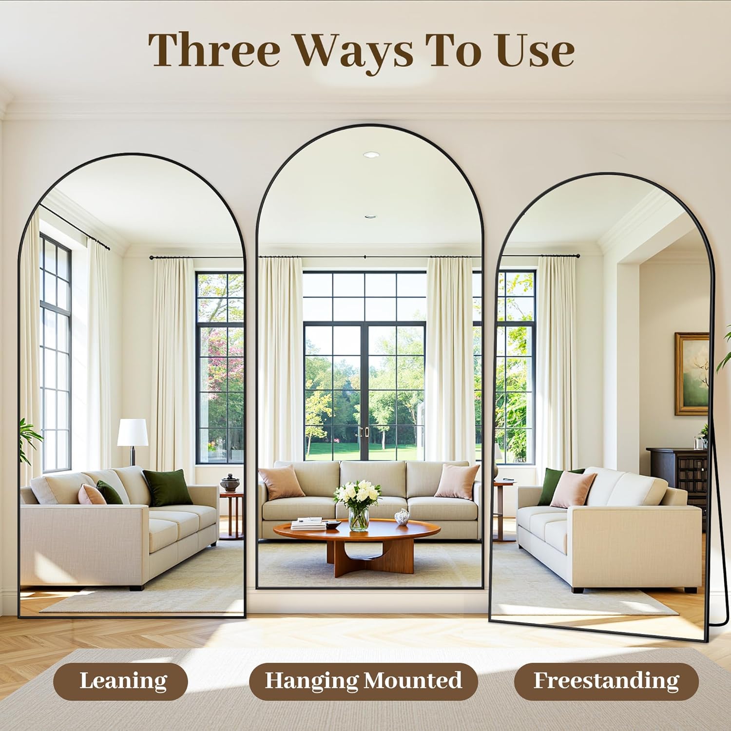 Suidia 90"x46" Arched Full Length Mirror with Stand, Full Body Mirror with Aluminum Frame, Freestanding/Leaning/Wall-Mounted, Floor Mirrors for Bedroom, Living Room, Entryway, Dressing Room, Black