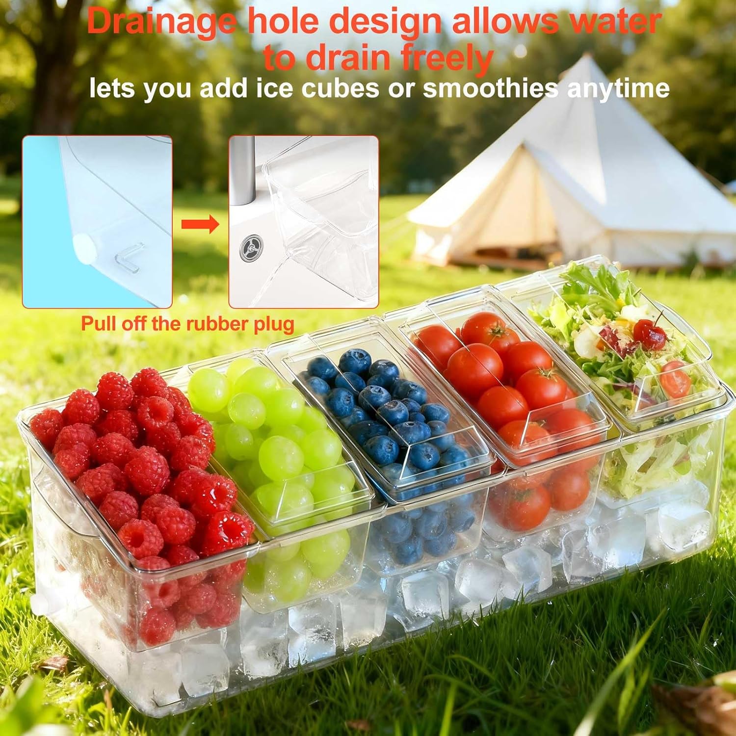 Large Ice Chilled Condiment Caddy，Chilled Condiment Containers Server with Lids for 5 Removable Compartments ，Serving Platters , Fruit & Garnish Tray for Party Supplies & Bar Accessories-Transparent - Image 8