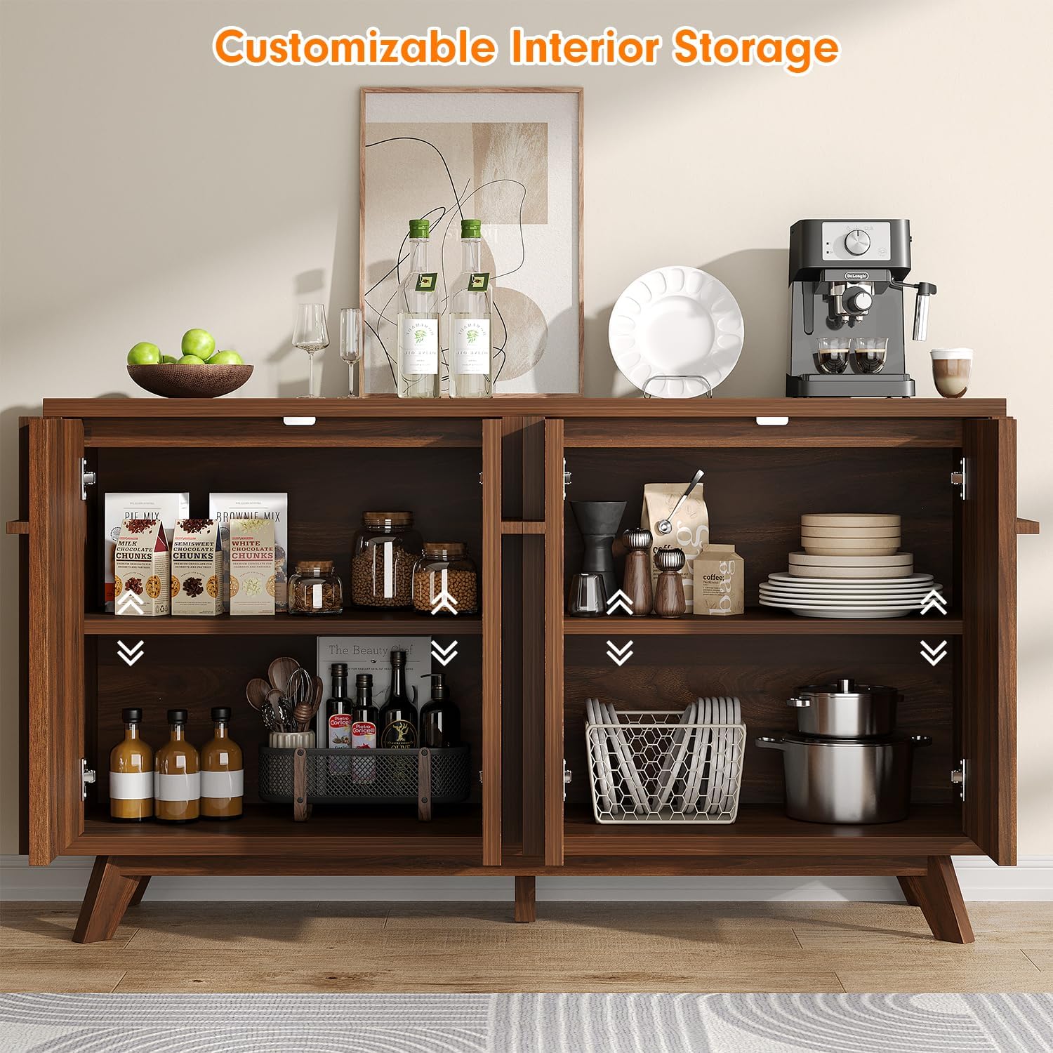 Sideboard Buffet Cabinet with Storage, 59" Modern Credenza with 4 Doors & Adjustable Shelves, Wood Console Cabinet for Living Room Kitchen Dining Room Hallway (Walnut) - Image 5