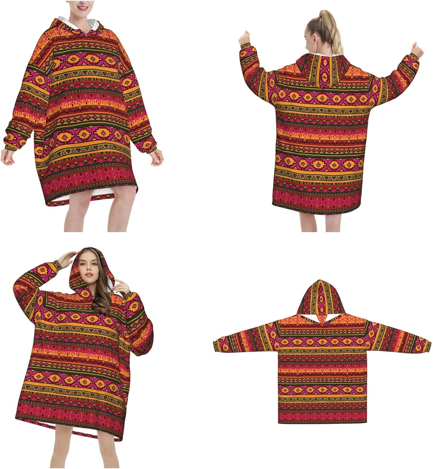 Mexican Folk Art Boho Print Blanket Hoodie Fleece Sweatshirt Blanket With Sleeves And Pockets
