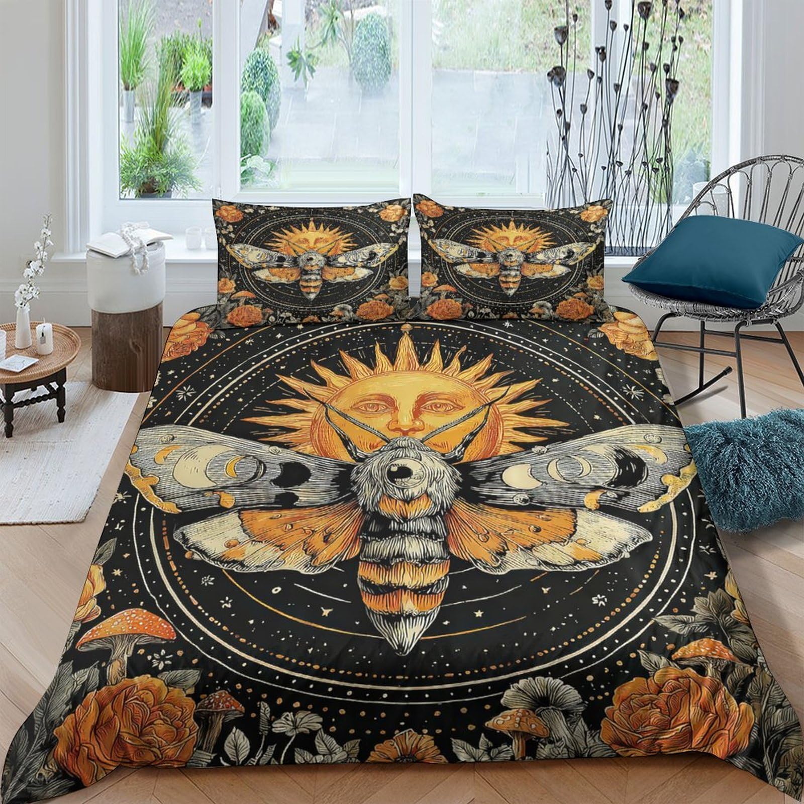 Ctjqhvkz Style-1 3D Printed Sun Moth Fitted Sheet Microfiber Soft Breathable Gothic Skull Bed Cover For Bedroom Dorm Decor Single（135X200cm）