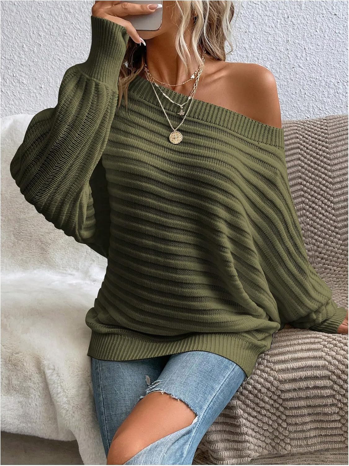 Women's Plus Size Off Shoulder Sweaters Long Sleeve Pullover Jumper Top Fall Outfits - Image 3