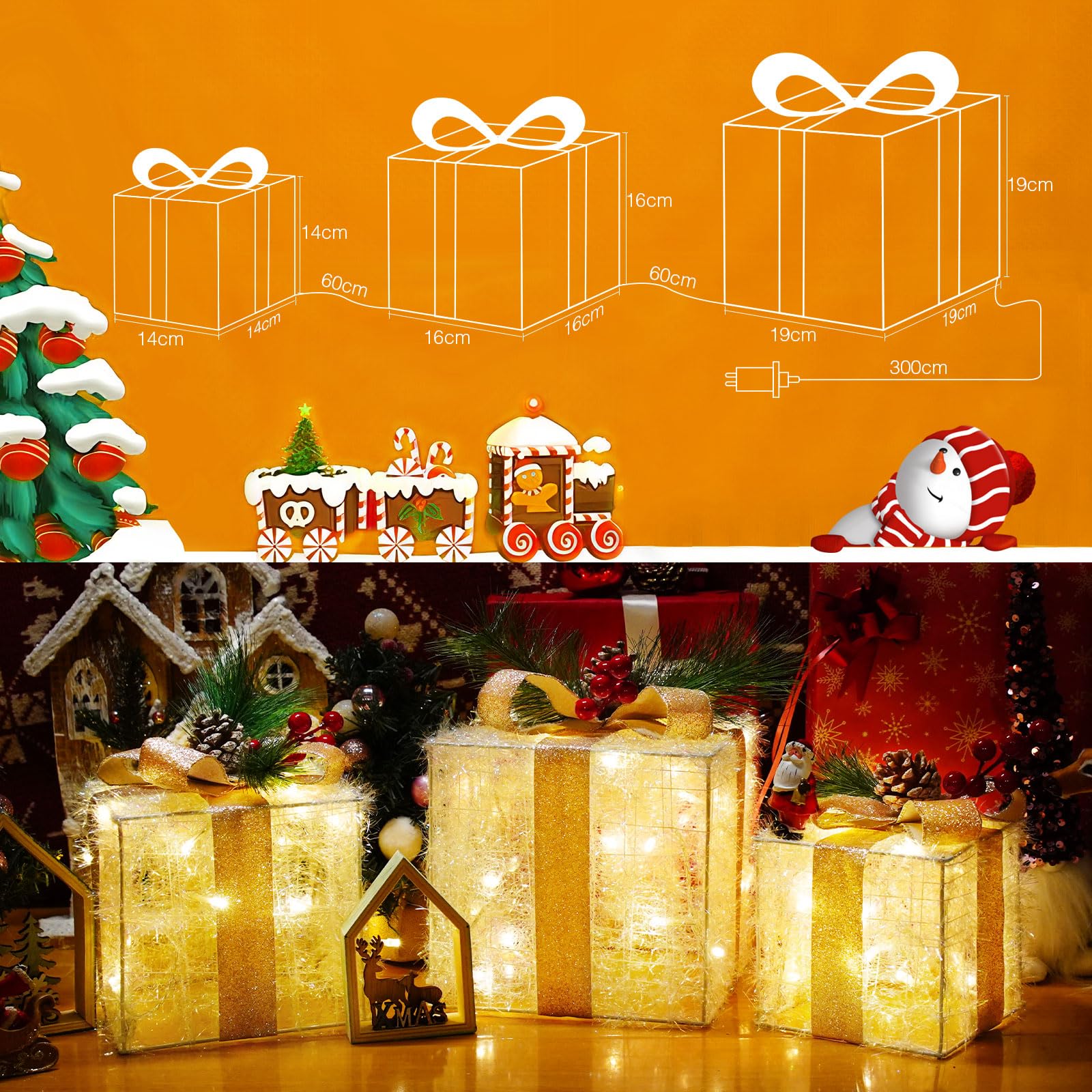 Quntis Juego de 3 Cajas de Regalo Luces de Navidad, Cajas de Luz Decoración | 60LED Cajas de Iluminación Navideña para Árbol de Navidad/Escaparate/Hogar/Fiesta/Boda/Habitación Infantil, Interior/Exterior