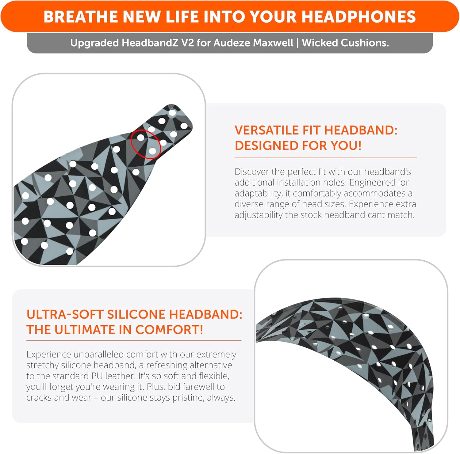 WC HeadbandZ XL | Maxwell - Extra Wide Silicone Headband Compatible with Audeze Maxwell 2 & Maxwell 1, Made by Wicked Cushions | Wider Weight-Distributing Design | Geo Grey