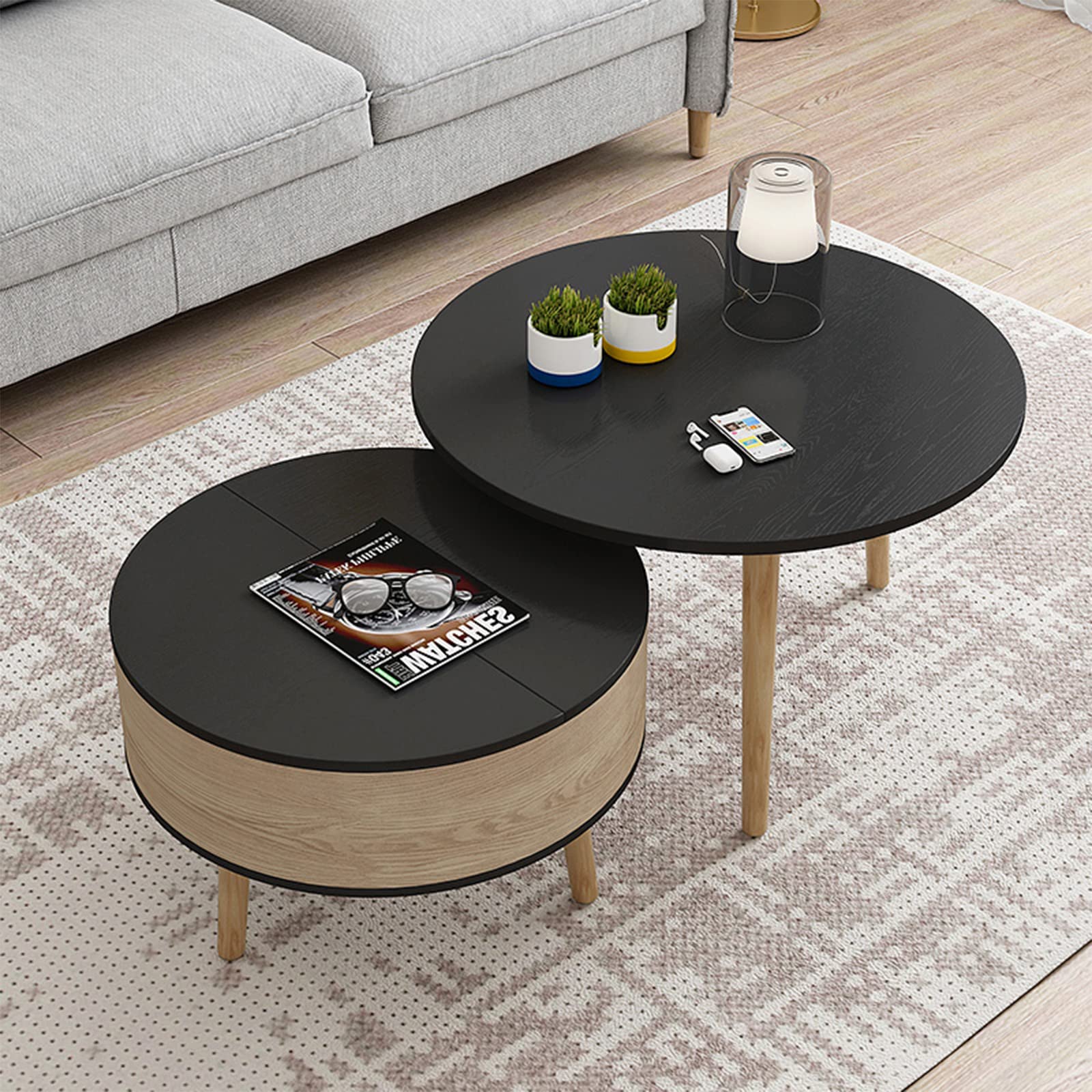 Table basse gigogne ronde en bois MDF gain de place pour aménager un salon minimaliste