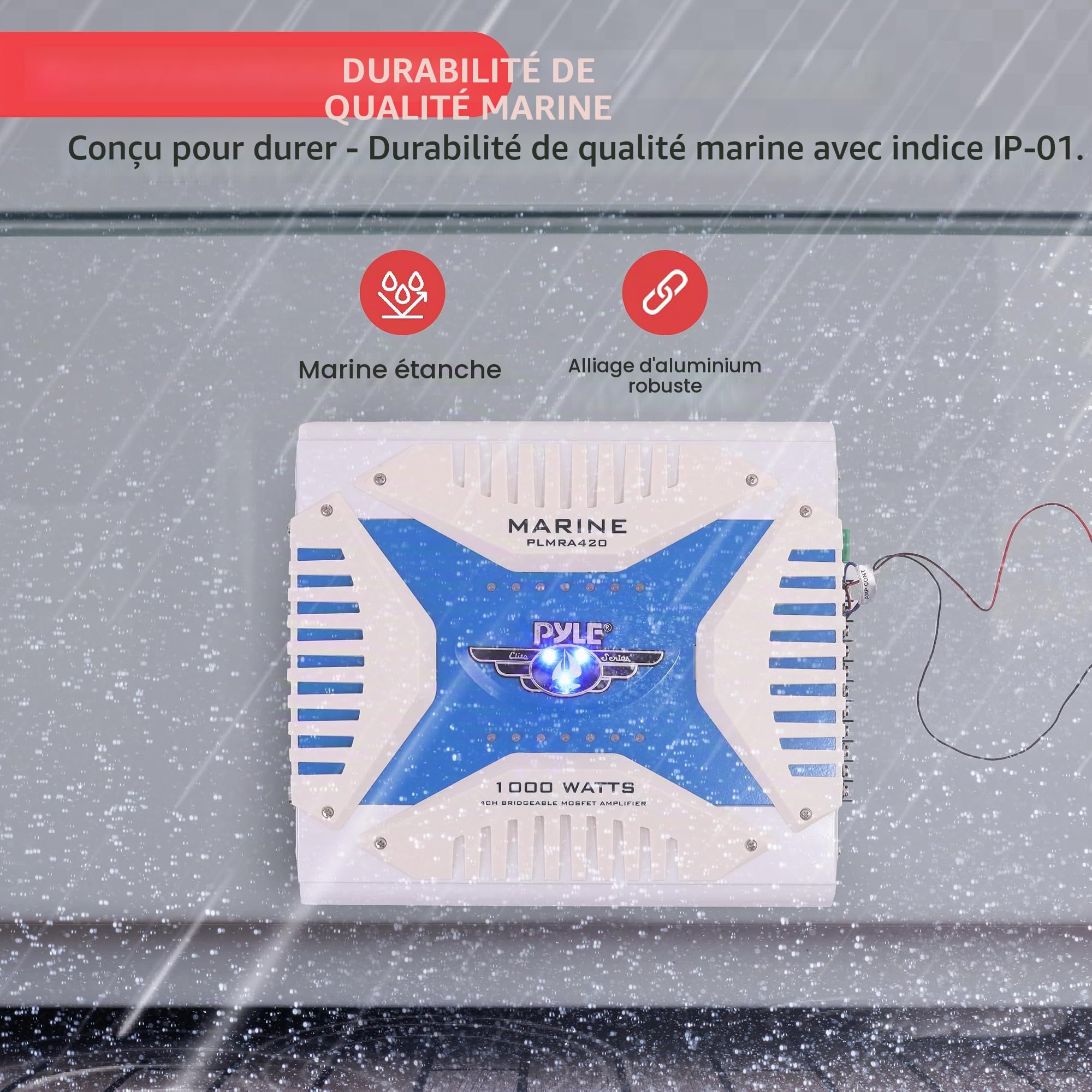 Amplificateur Pyle étanche avec 4 canaux et une puissance de 1000 Watts. Amplificateur MOSFET pontable - Idéal pour bateau, scooter de mer etc.
