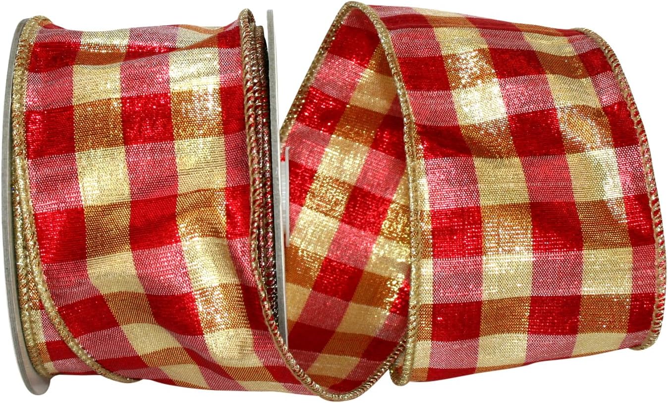 Reliant Ribbon Lame Gingham Check Dupioni Metallic Wired Edge Ribbon, 4 Inch X 10 Yards, Red/green