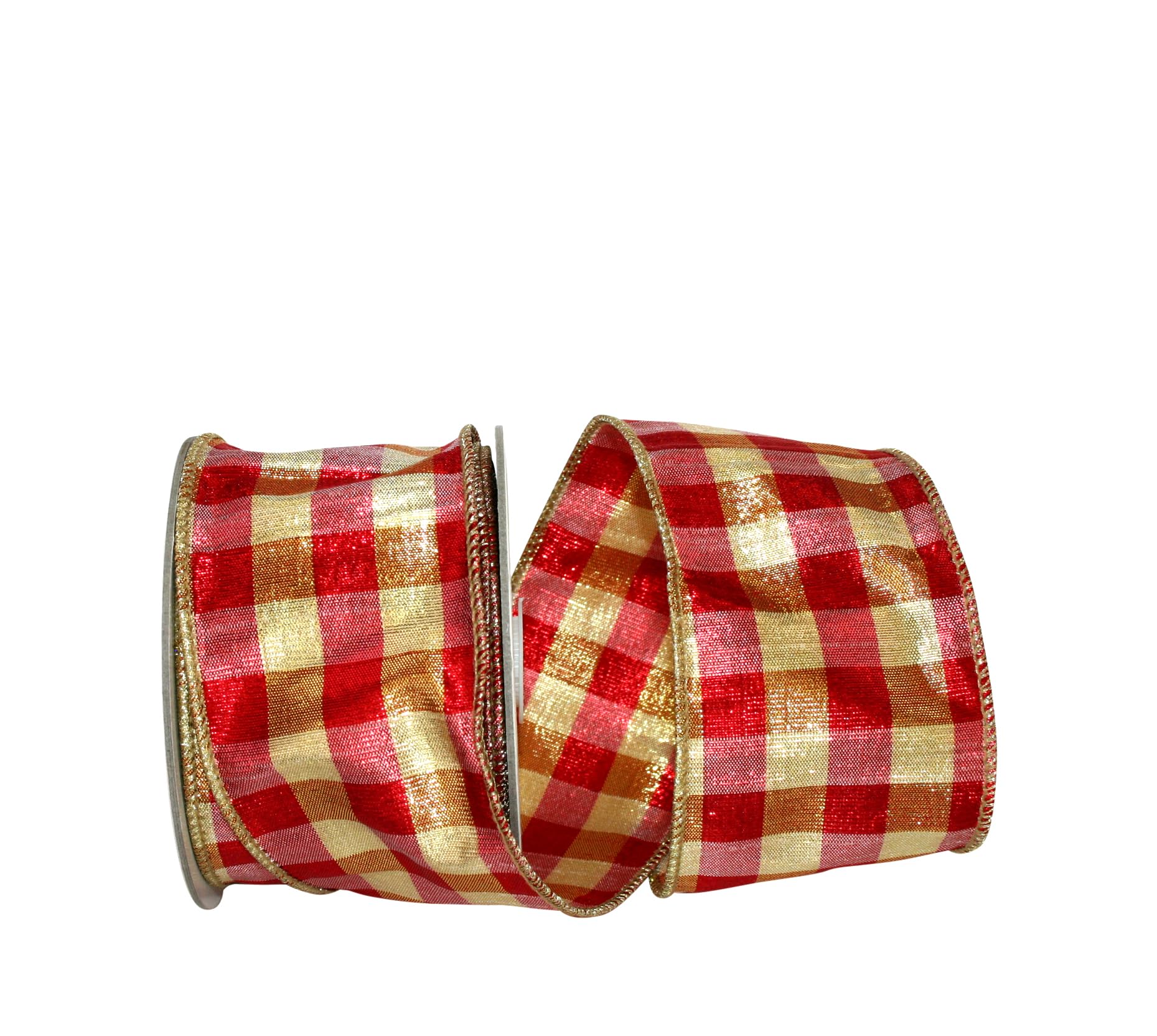 Reliant Ribbon 93371W-994-40F Gingham Check Dupioni - Cinta metálica con alambre, color rojo y dorado