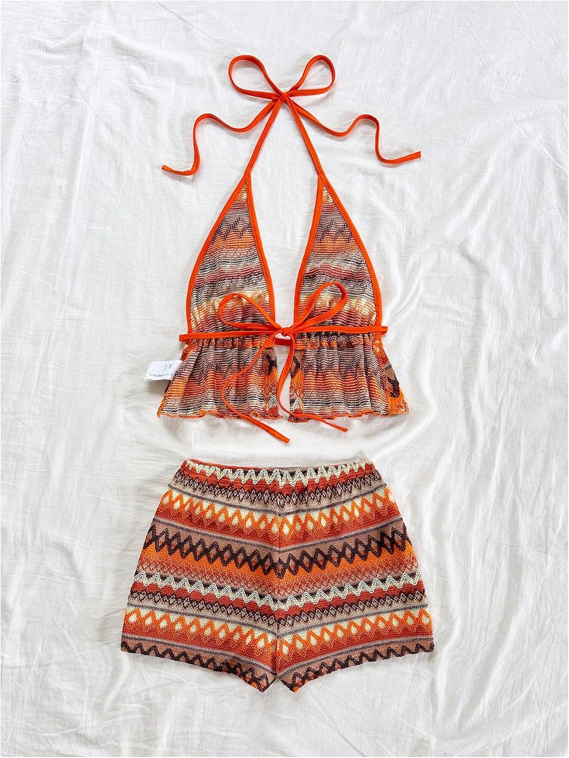 SHENHE Women's 2 Piece Vacation Outfits Boho Striped Backless Ruffle Halter Top and Shorts Set